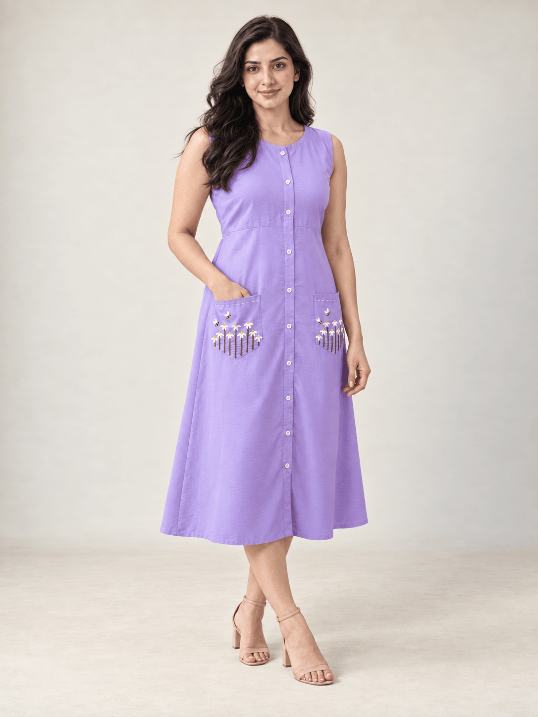 Lavender Embroidered Button-Down Dress