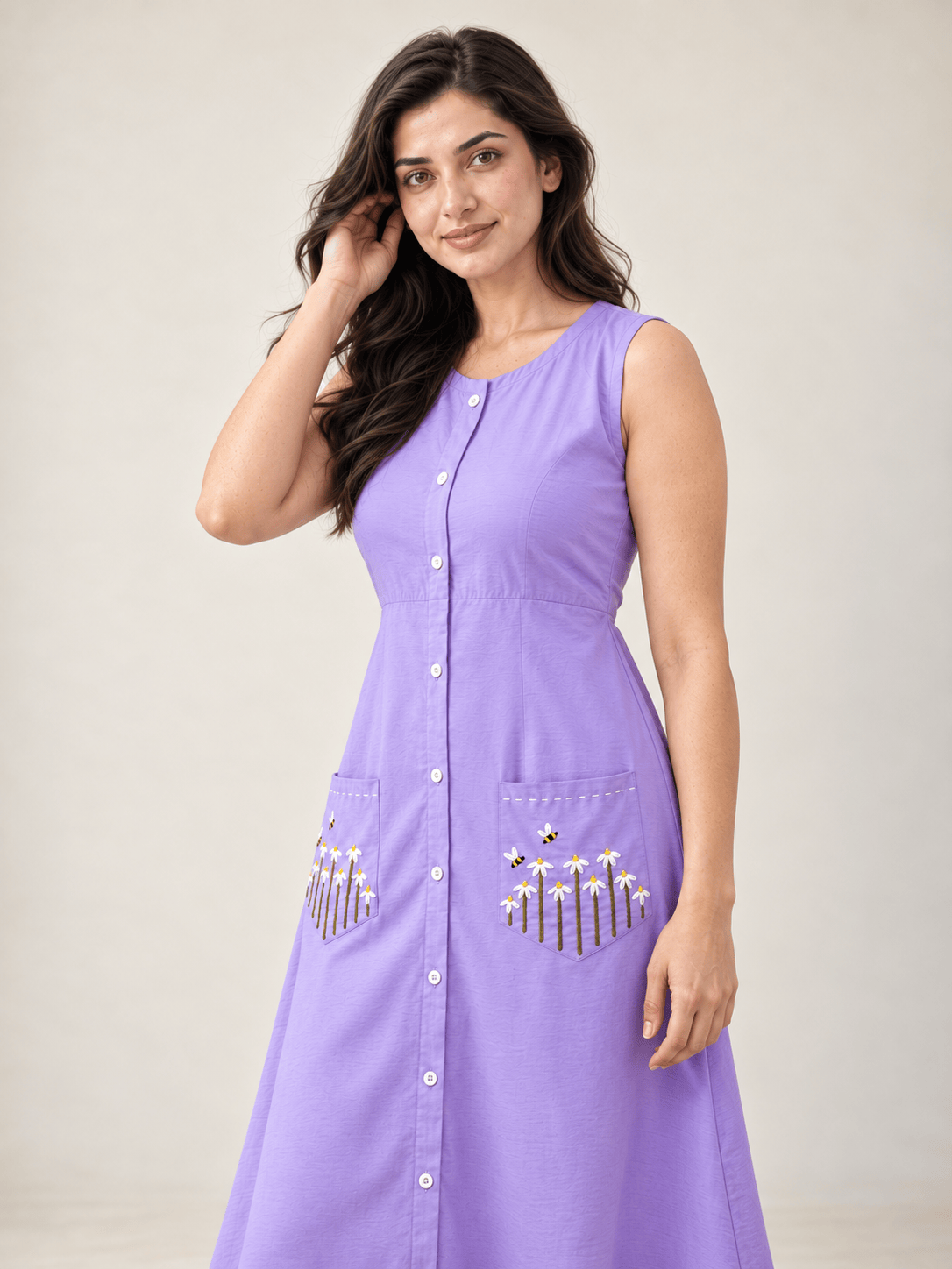 Lavender Embroidered Button-Down Dress