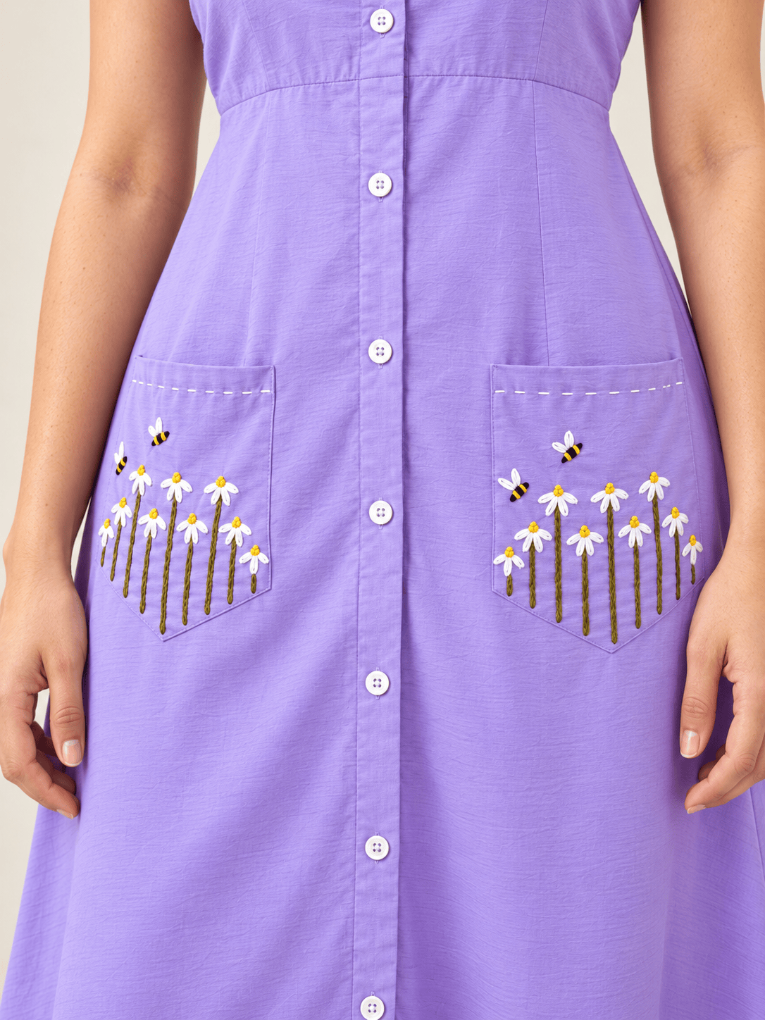 Lavender Embroidered Button-Down Dress