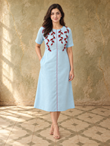 Light Blue Embroidered Flared Midi Dress