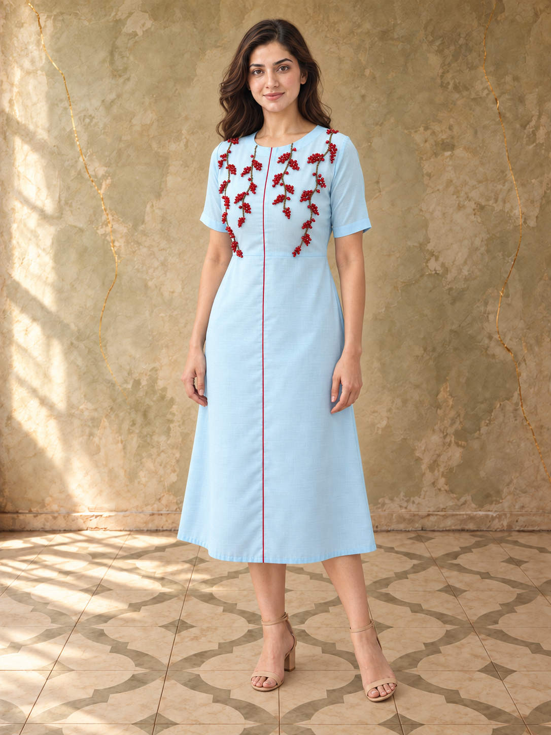 Light Blue Embroidered Flared Midi Dress