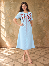 Light Blue Embroidered Flared Midi Dress