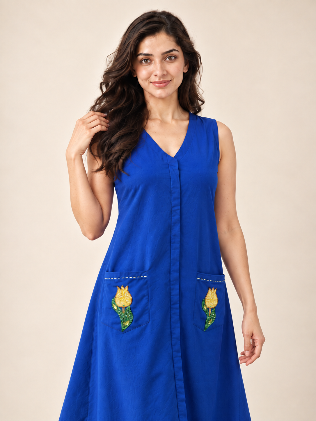 Royal Blue Sleeveless V-Neck Midi Dress