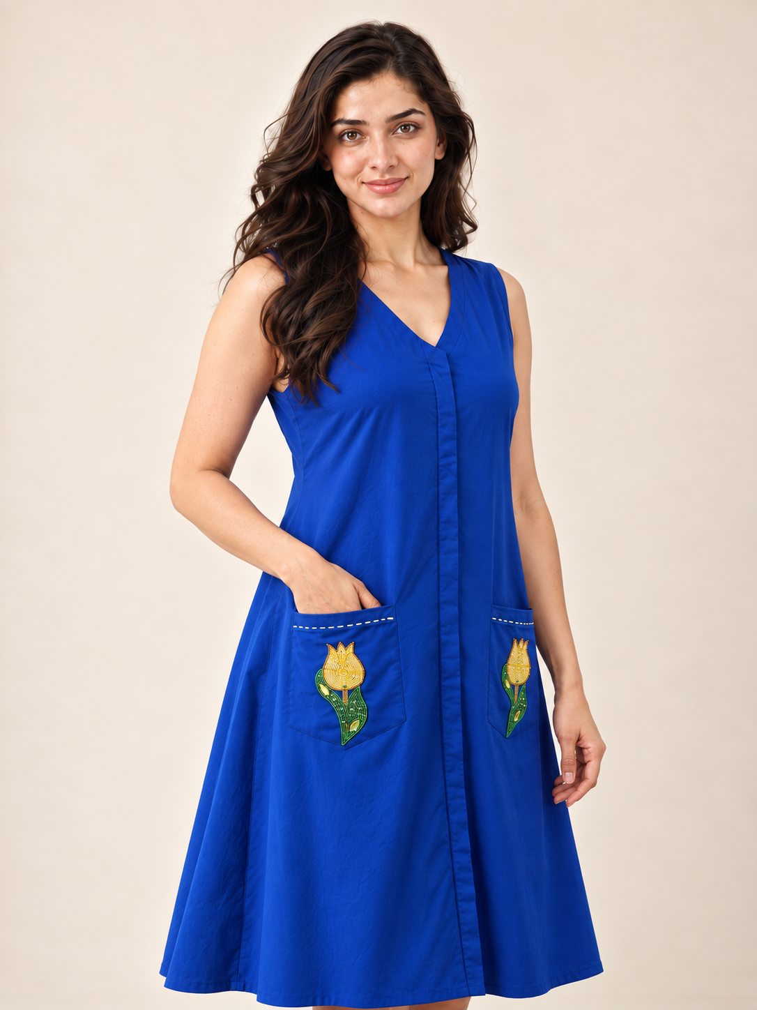 Royal Blue Sleeveless V-Neck Midi Dress