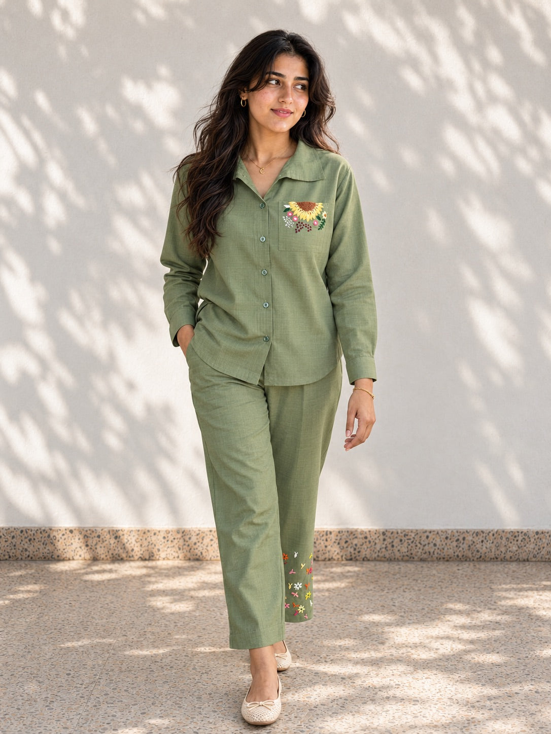Fall Green Embroidered Co-Ord