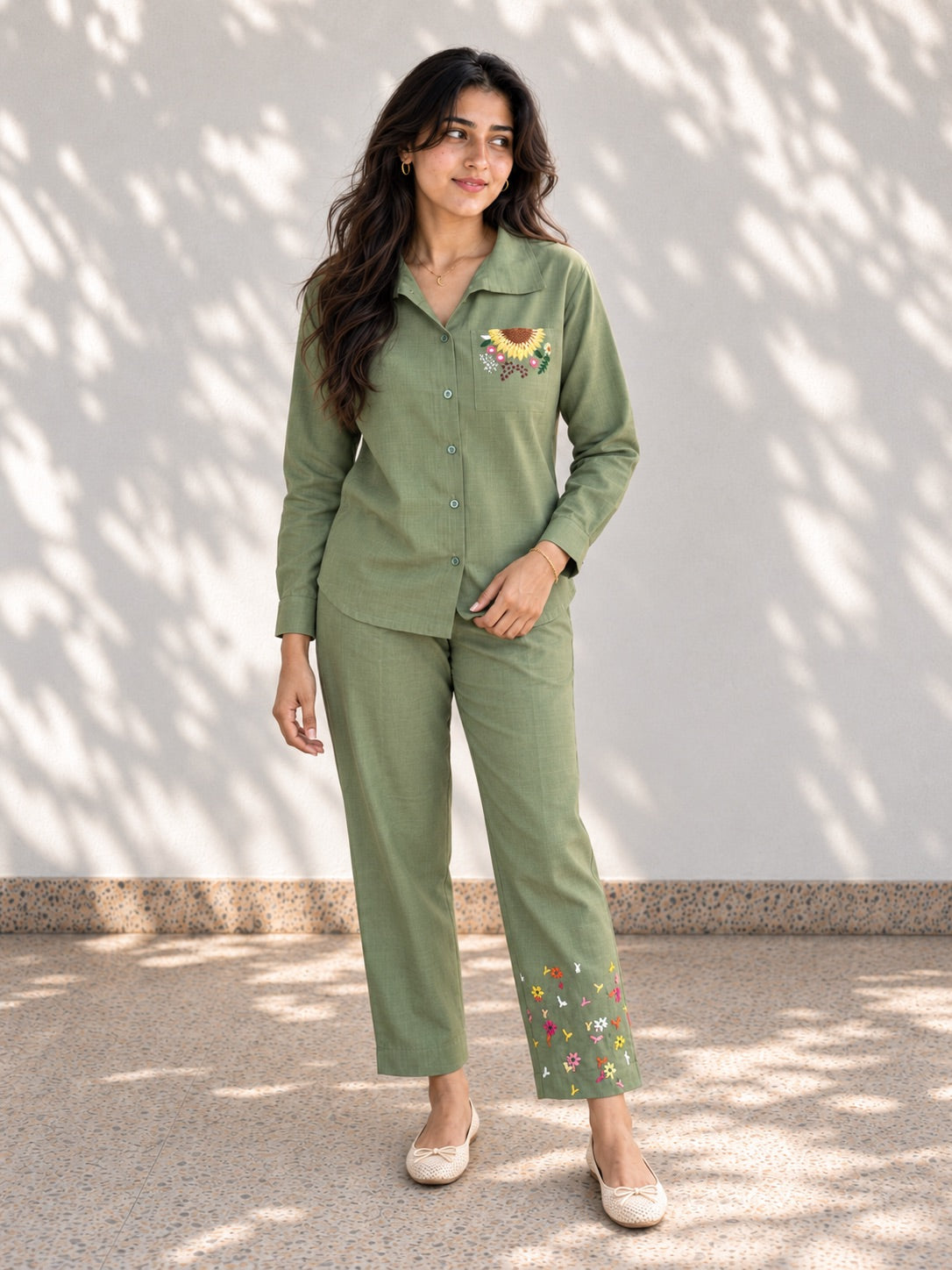 Fall Green Embroidered Co-Ord