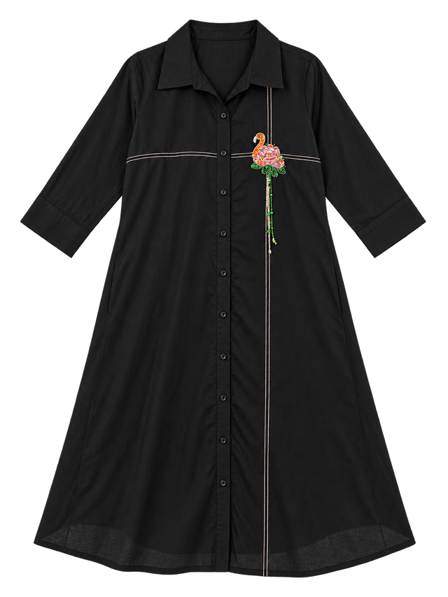 Black Midi Dress - Flamingo Embroidery