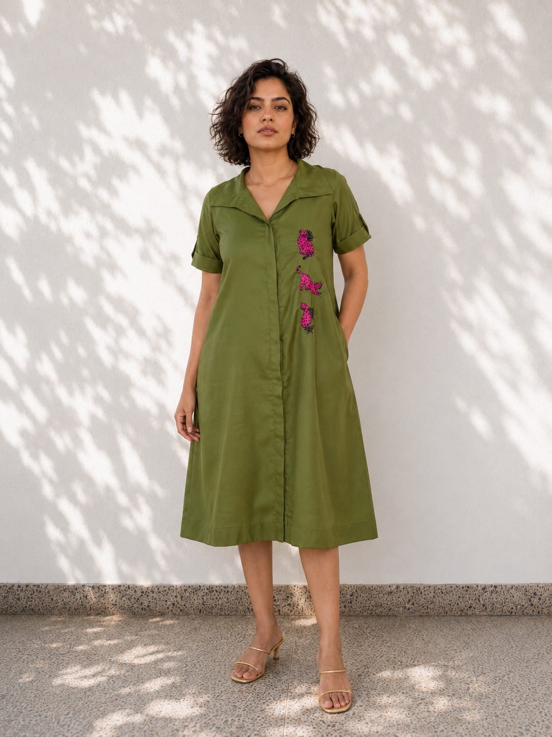 Green Cotton A-Line Dress | Leopard Embroidery