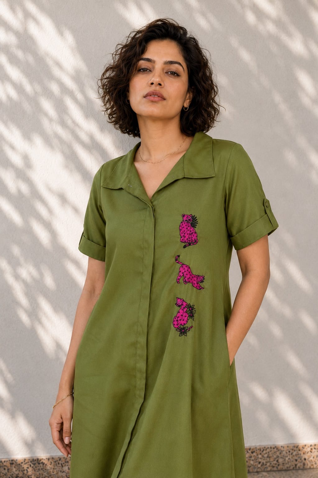 Green Cotton A-Line Dress | Leopard Embroidery