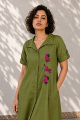 Green Cotton A-Line Dress | Leopard Embroidery