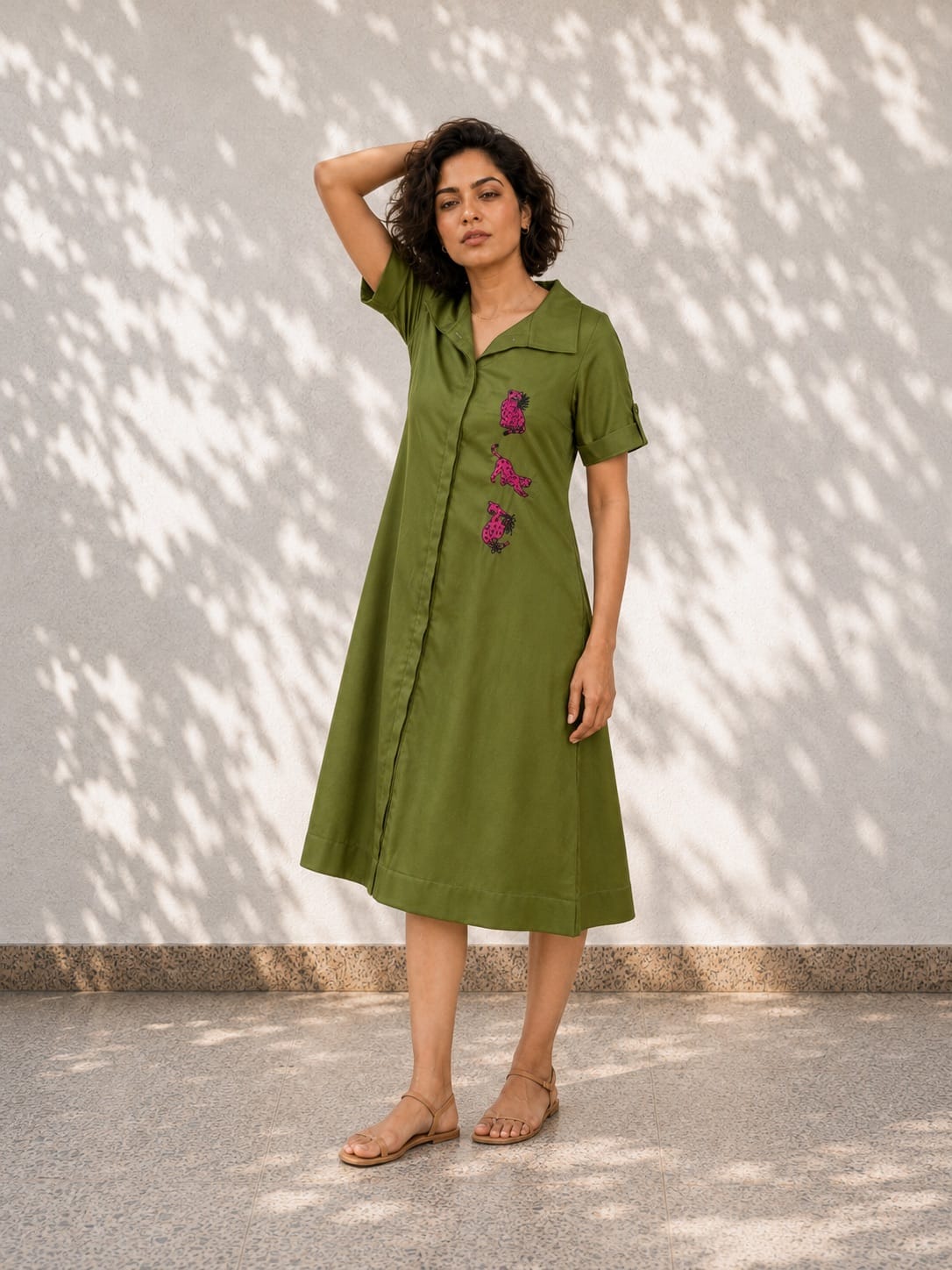 Green Cotton A-Line Dress | Leopard Embroidery