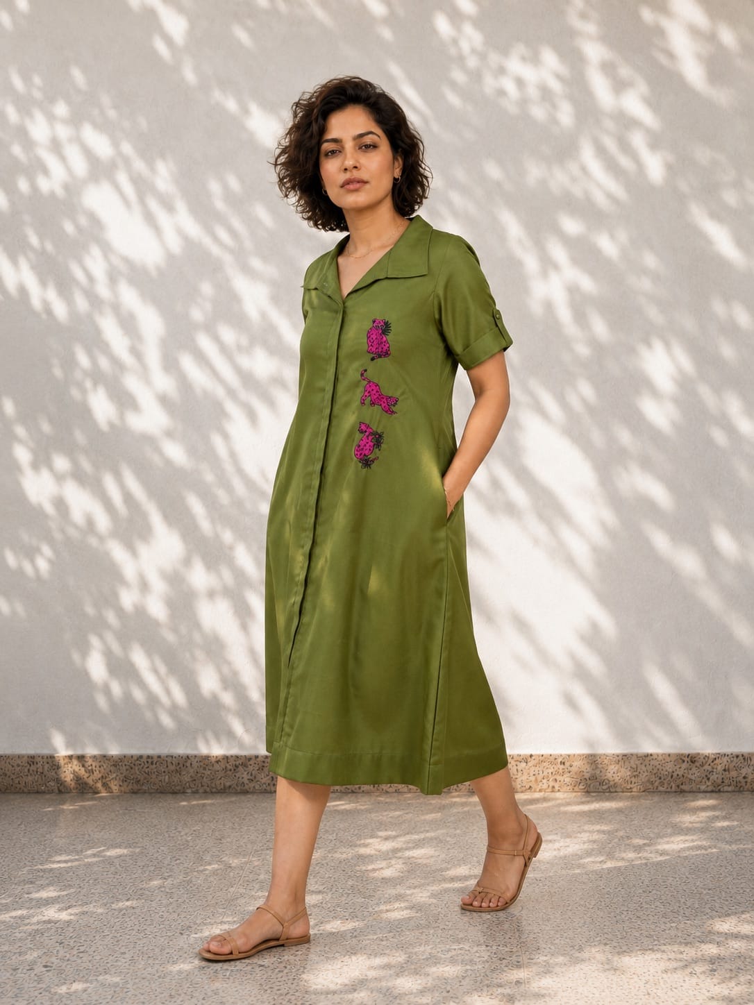 Green Cotton A-Line Dress | Leopard Embroidery
