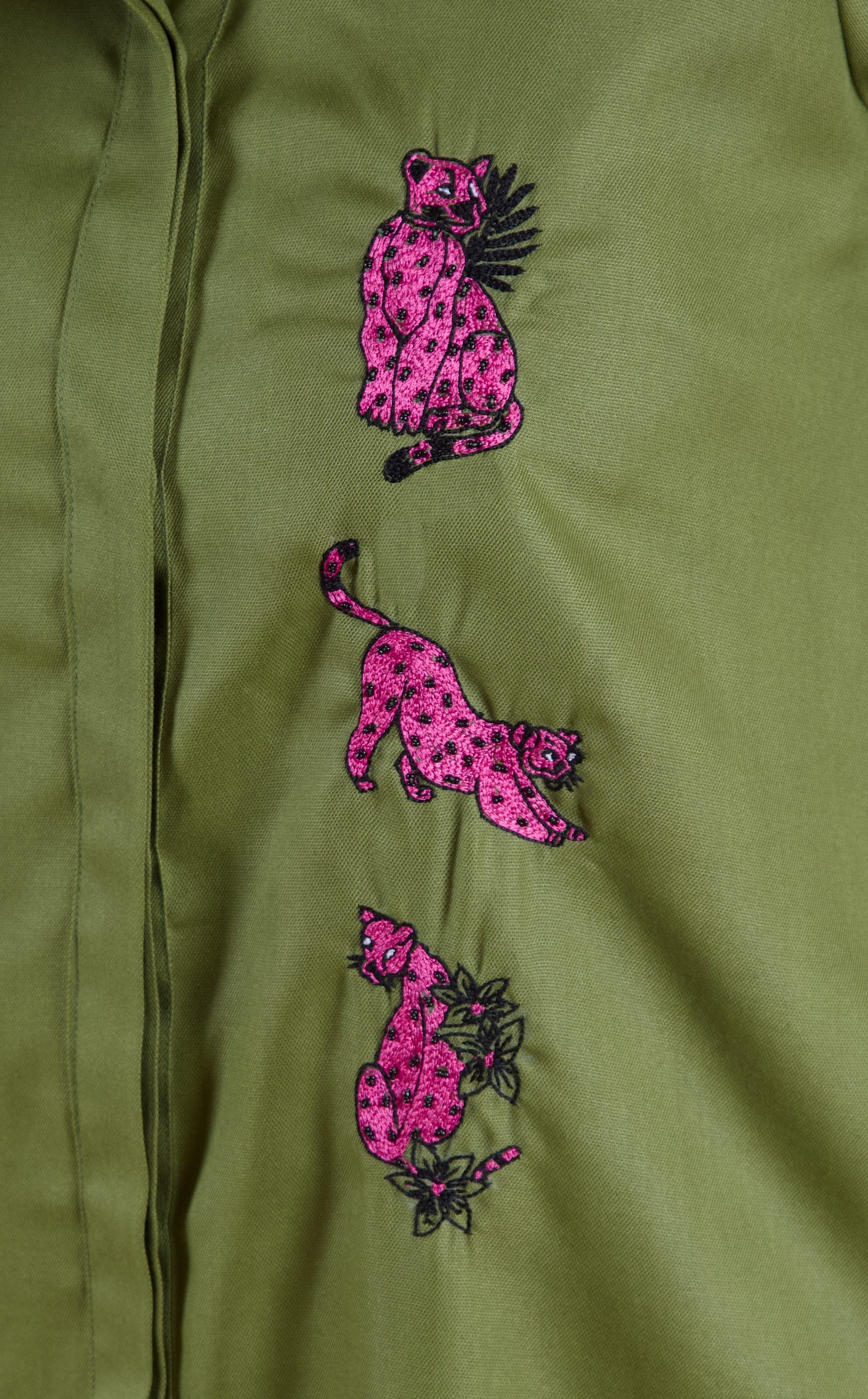 Green Cotton A-Line Dress | Leopard Embroidery