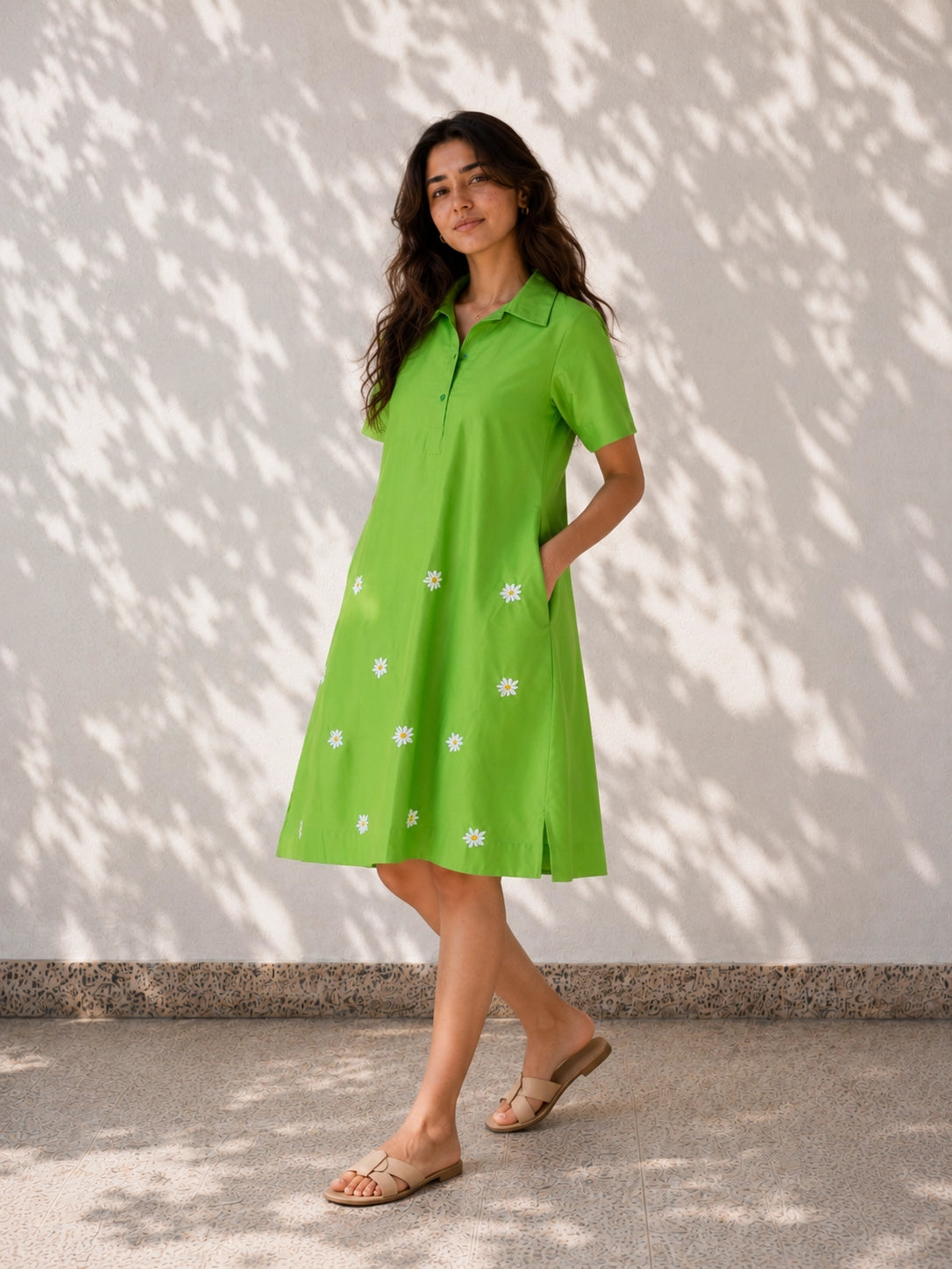 Green Flower Embroidered Cotton Dress