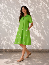 Green Flower Embroidered Cotton Dress