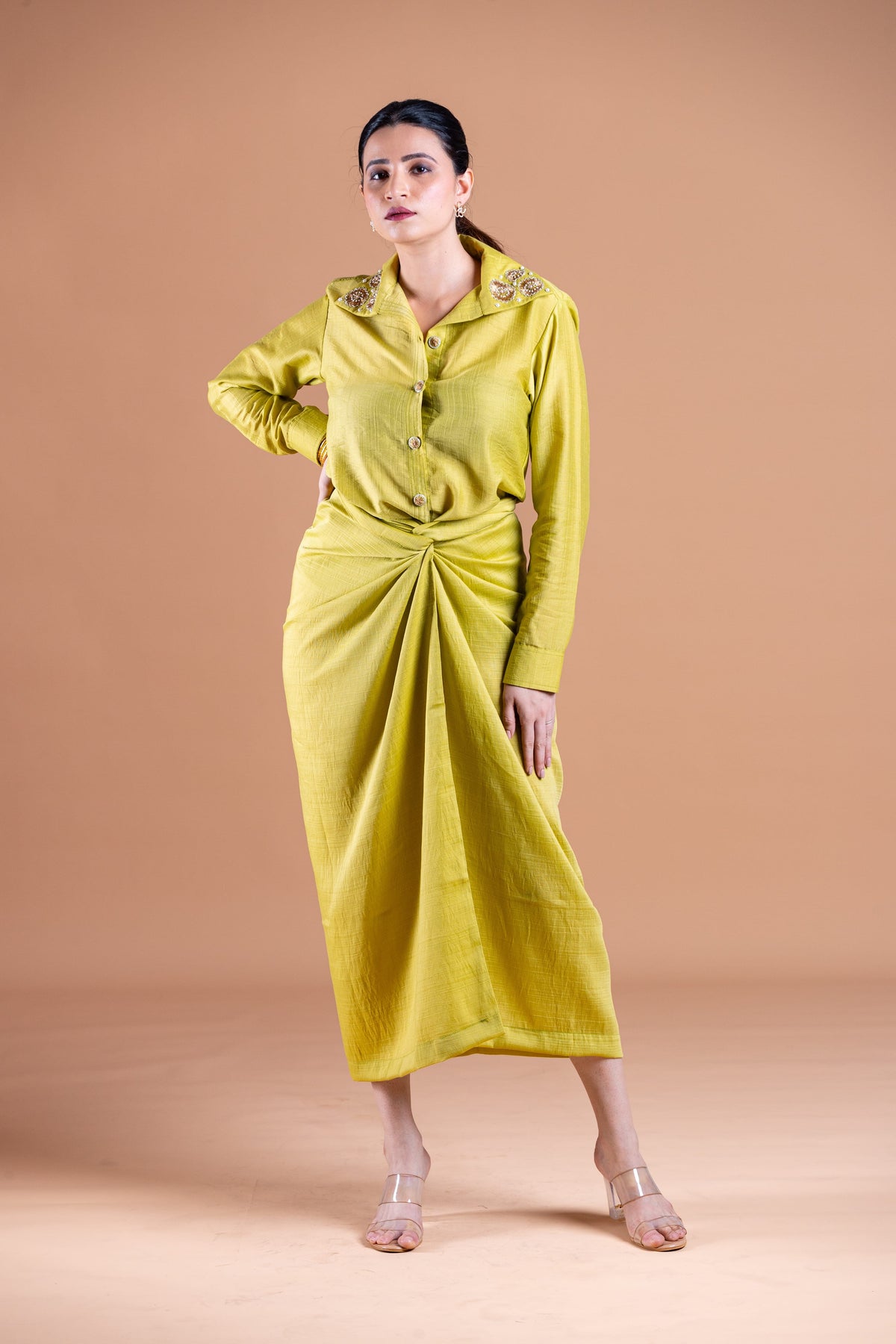 Green Chanderi Shirt & Wrap Skirt Set