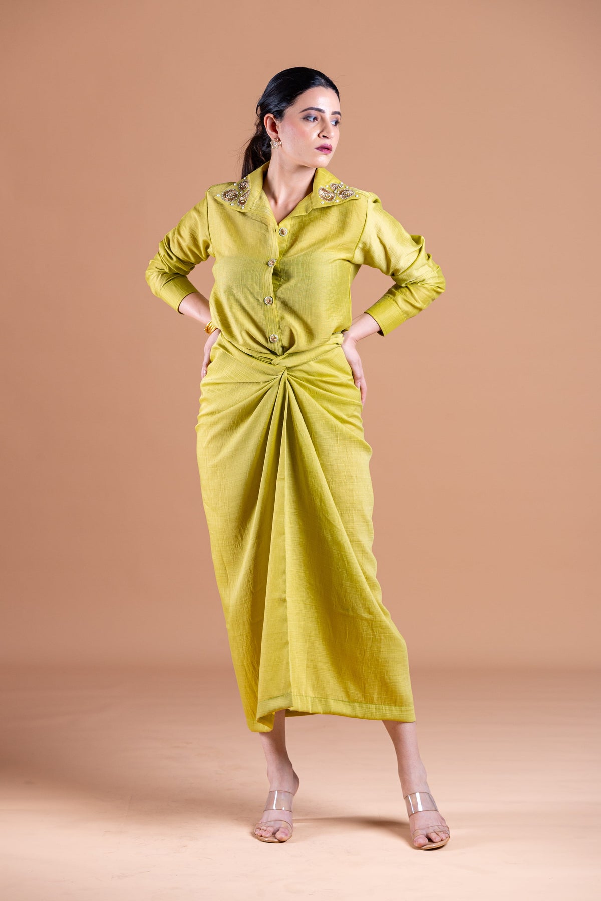 Green Chanderi Shirt & Wrap Skirt Set
