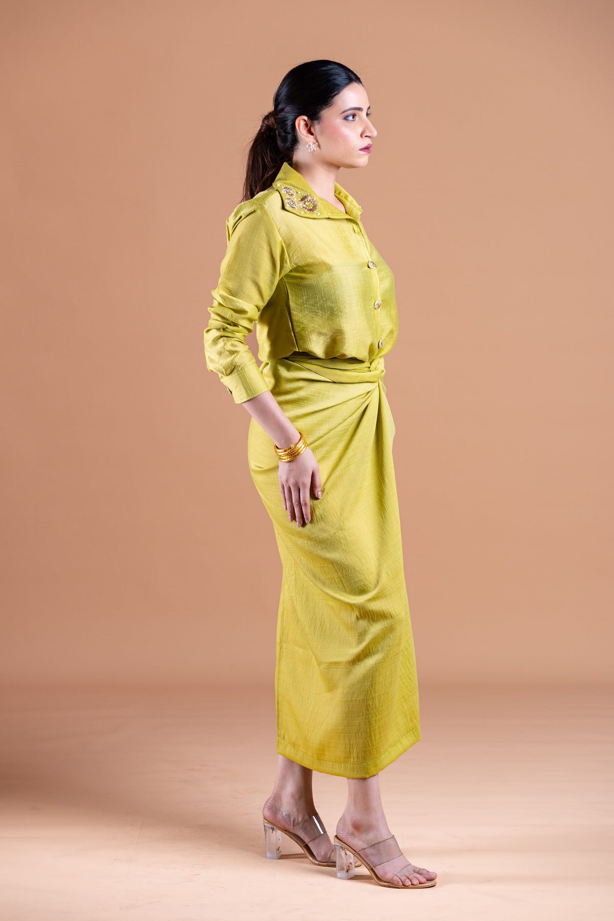 Green Chanderi Shirt & Wrap Skirt Set
