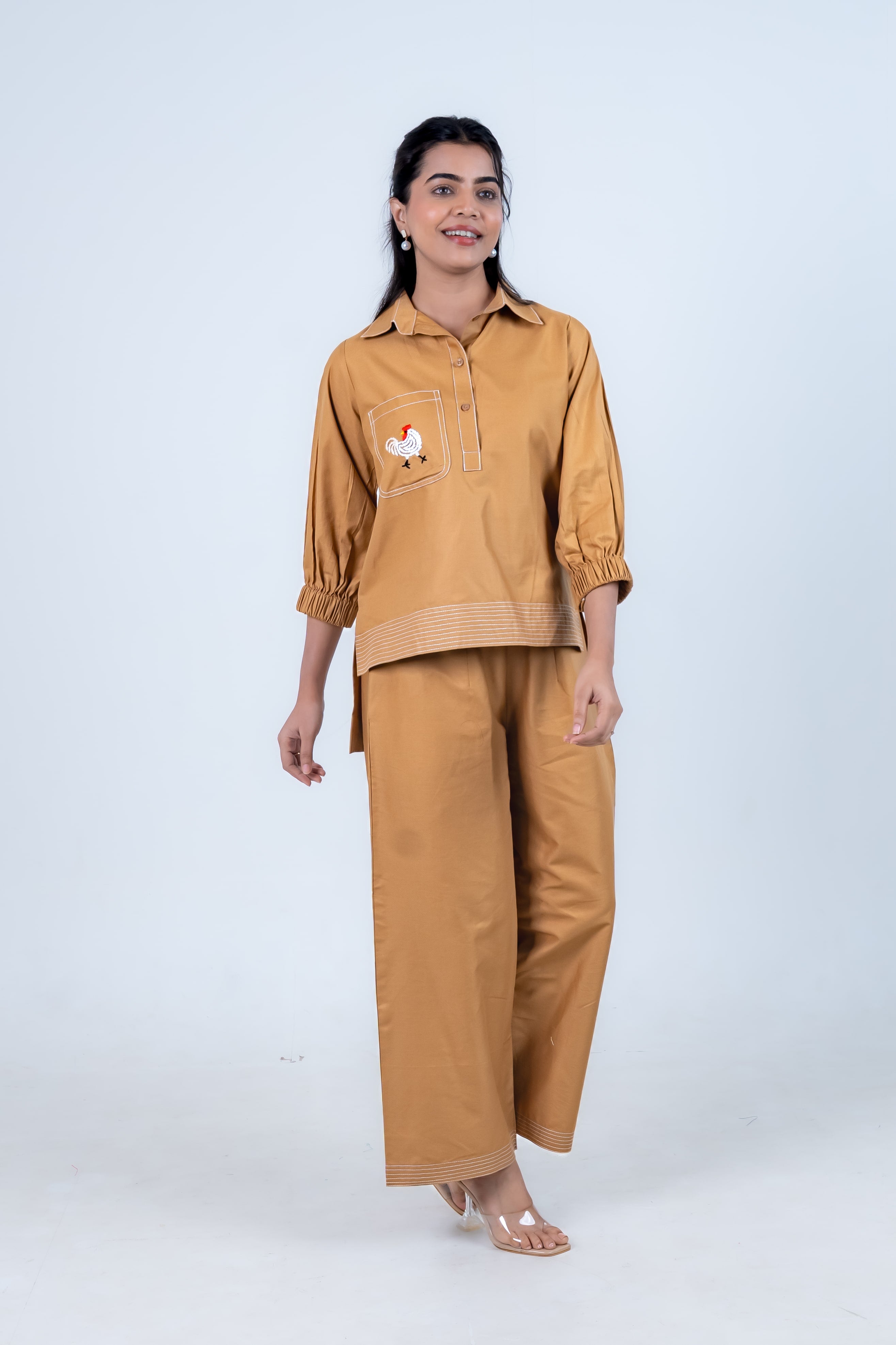 Spiced Honey Co-Ord with Hen Embroidery