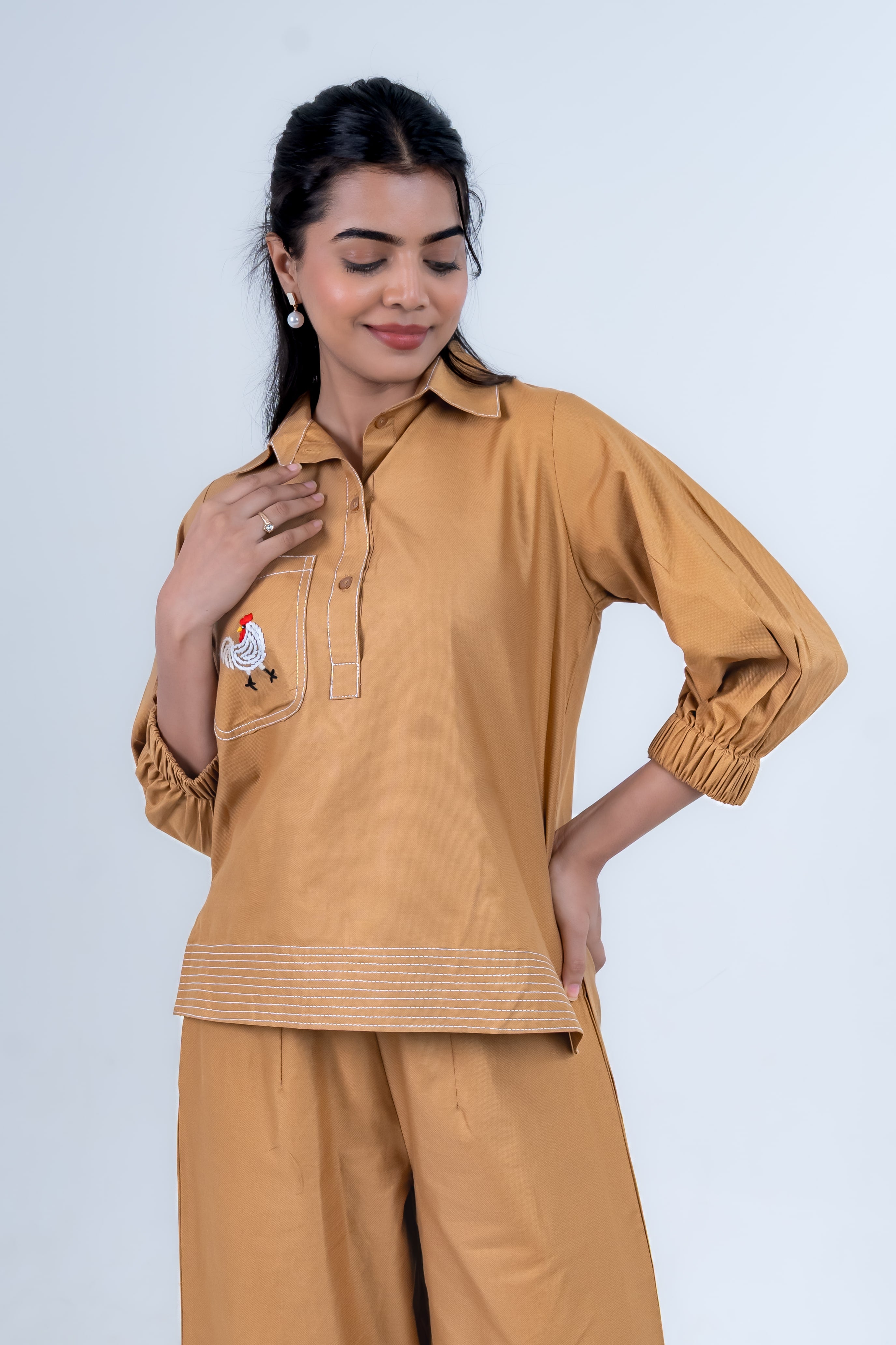 Spiced Honey Co-Ord with Hen Embroidery