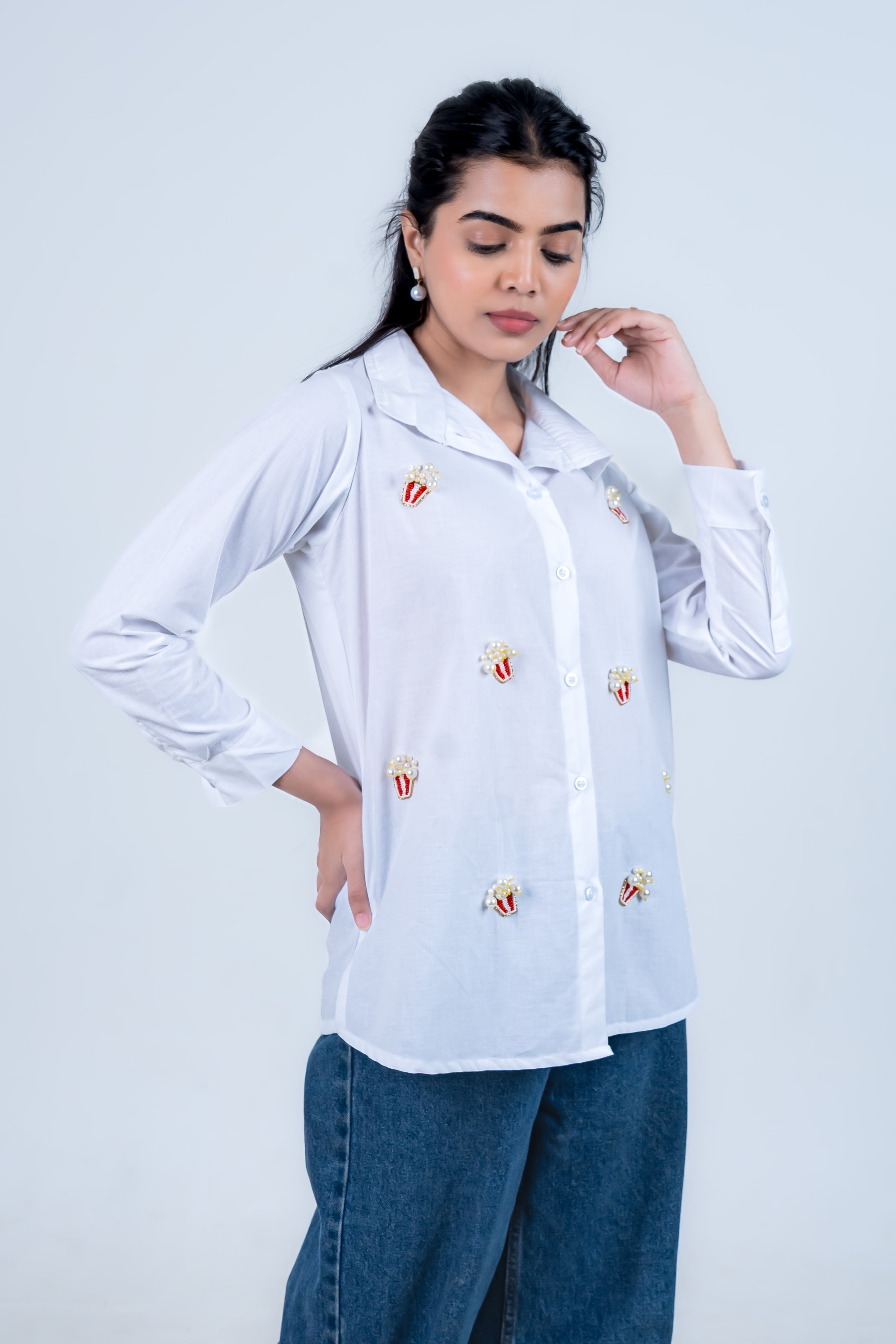 White Cotton Shirt With Popcorn Embroidery