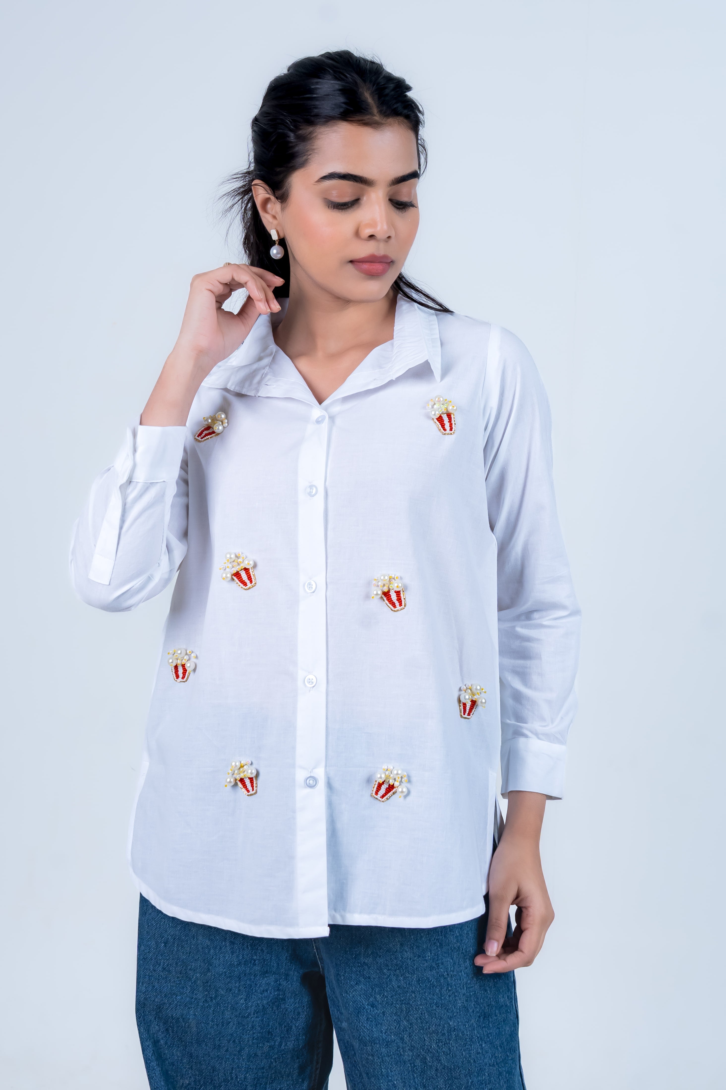 White Cotton Shirt With Popcorn Embroidery