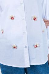 White shirt with popcorn bead embroidery, stylish women's fashion