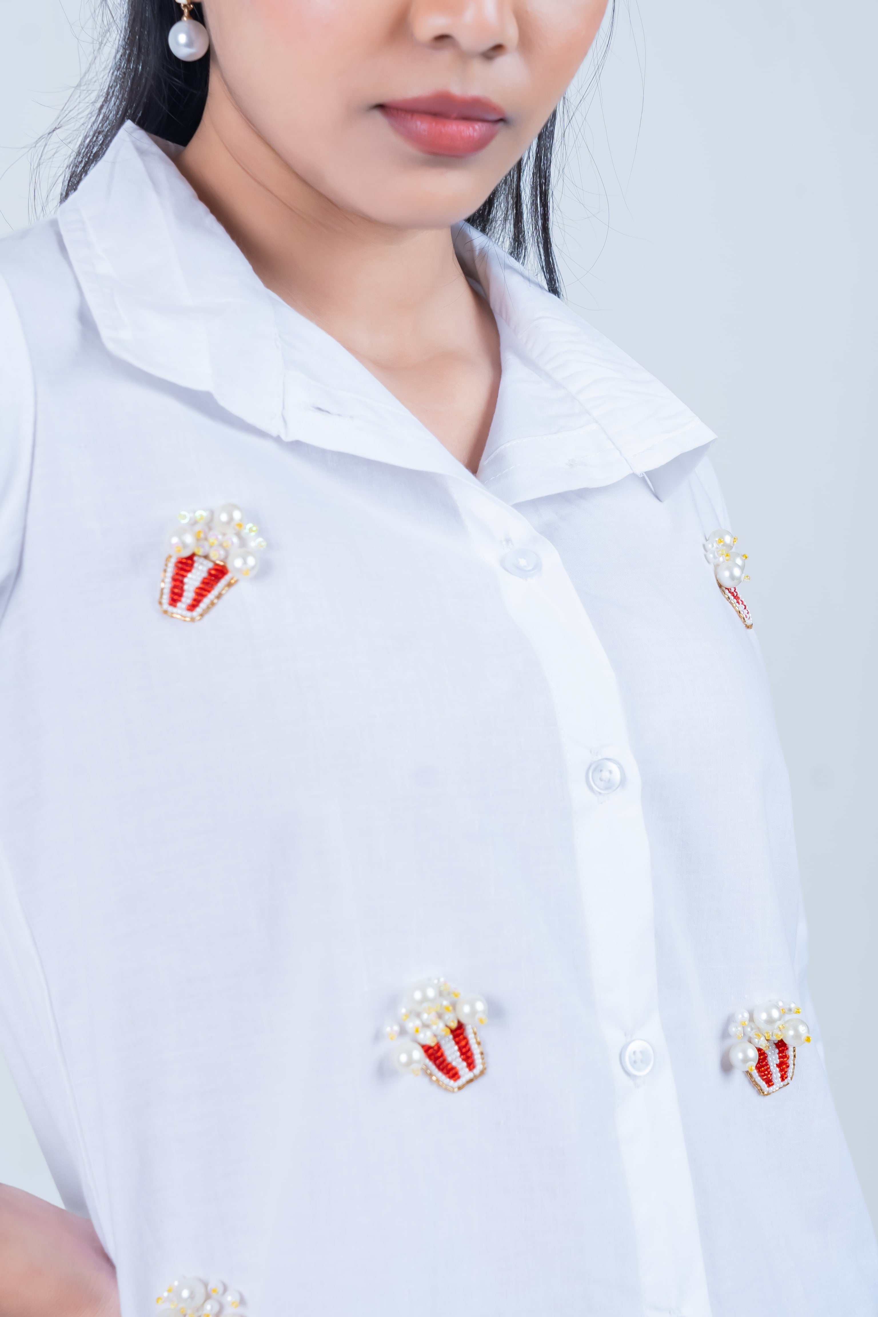 White Cotton Shirt With Popcorn Embroidery