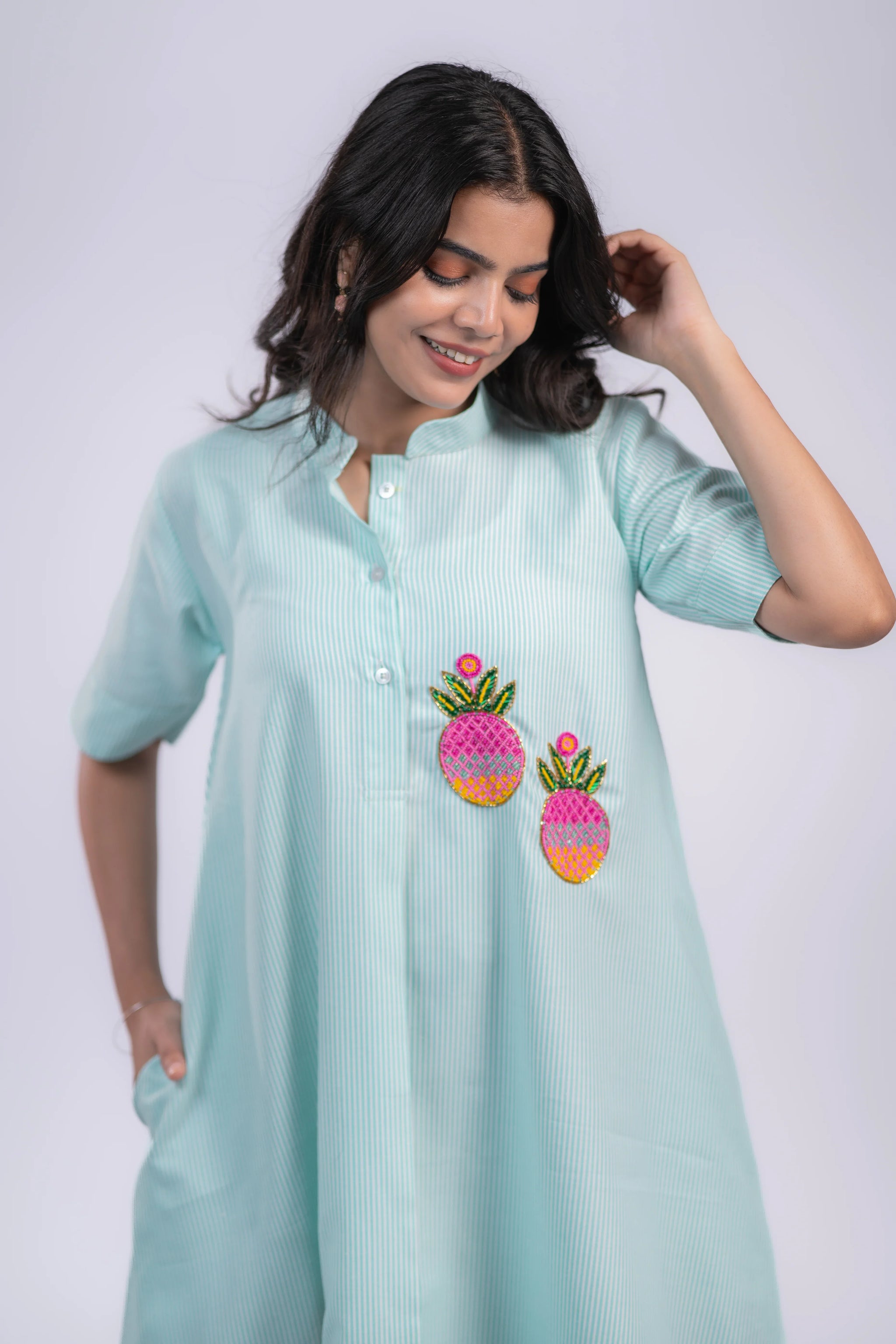 Light blue striped dress with colorful pineapple embroidery, stylish and comfortable women's wear