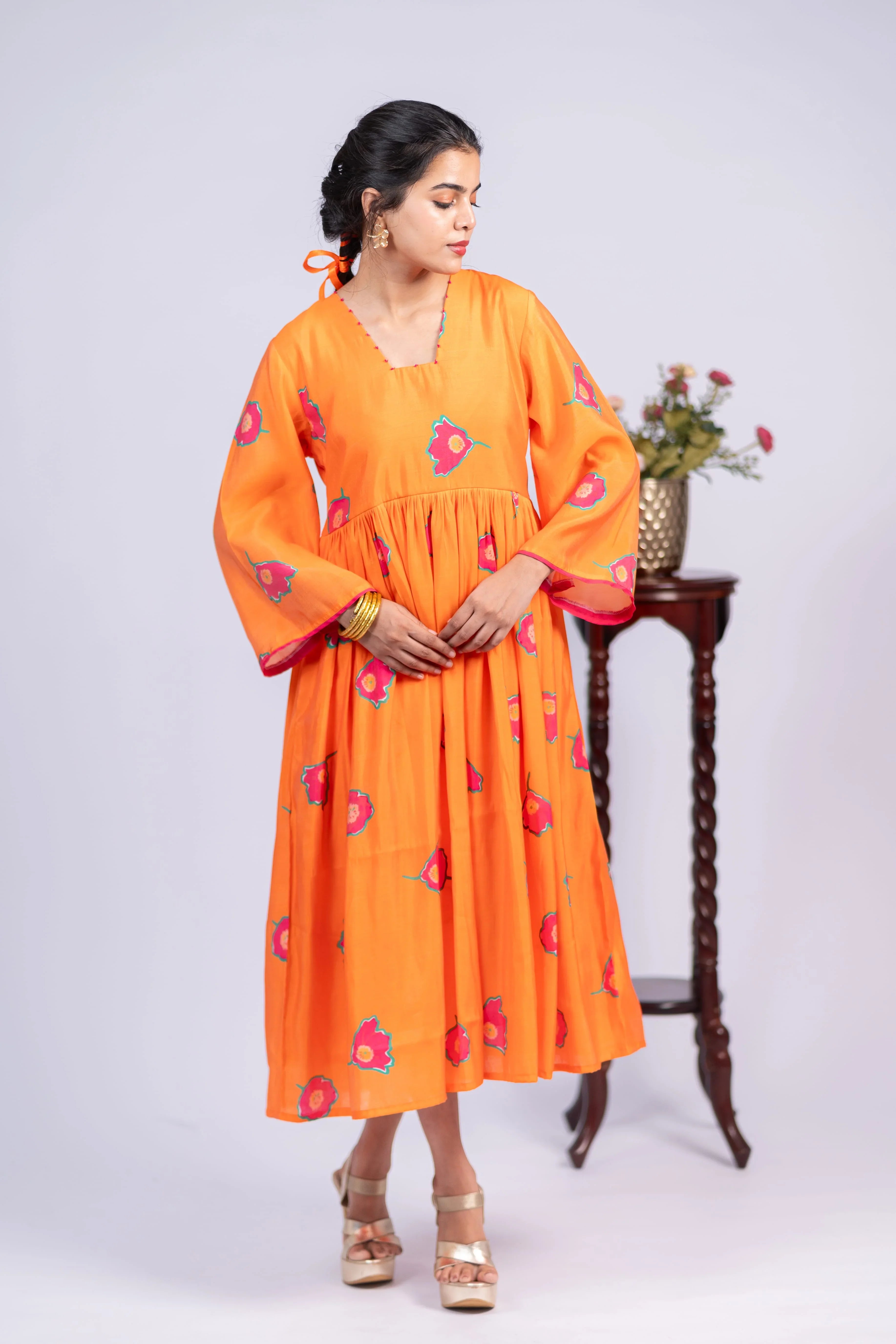 Amber Bloom Chanderi Silk Dress