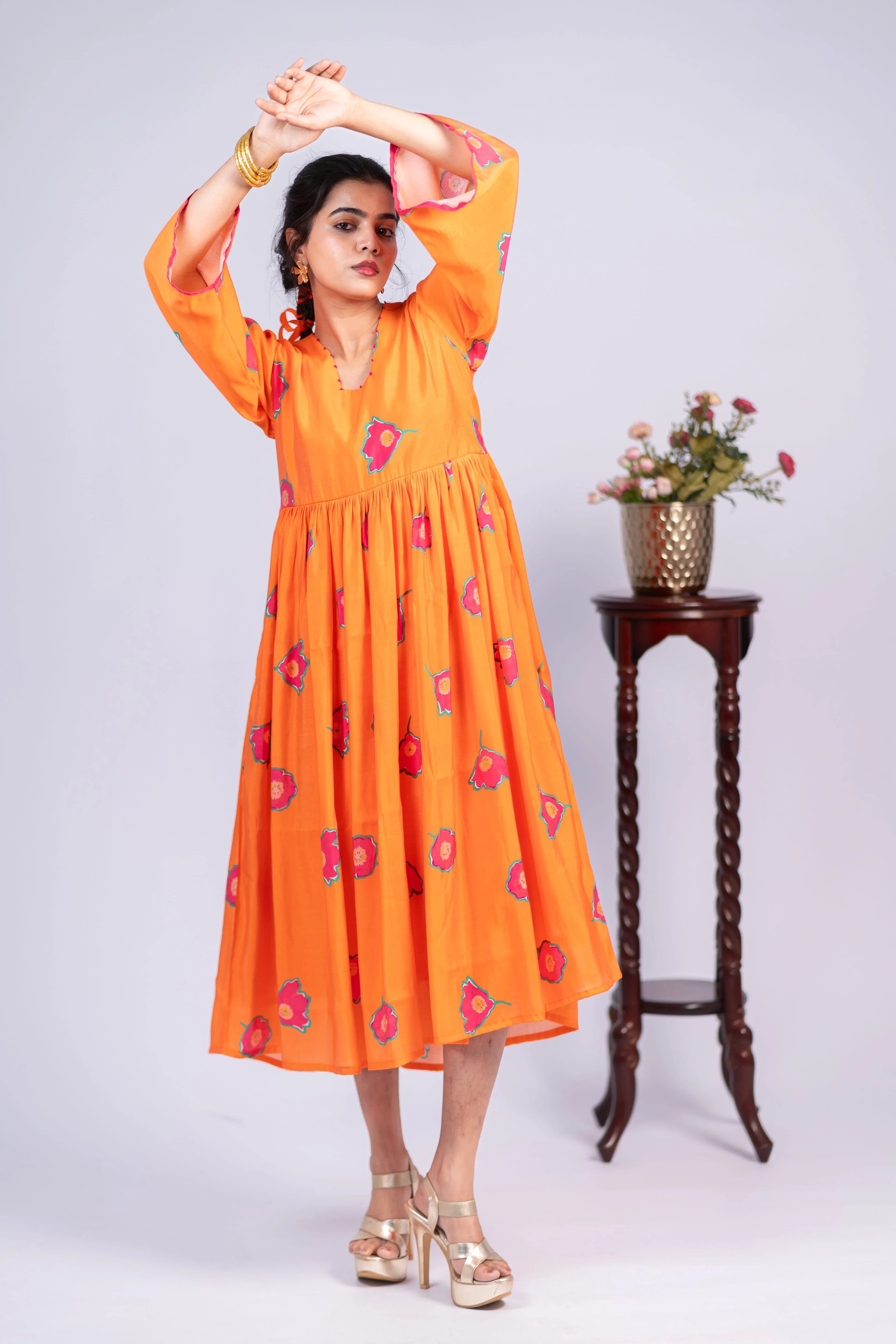 Amber Bloom Chanderi Silk Dress