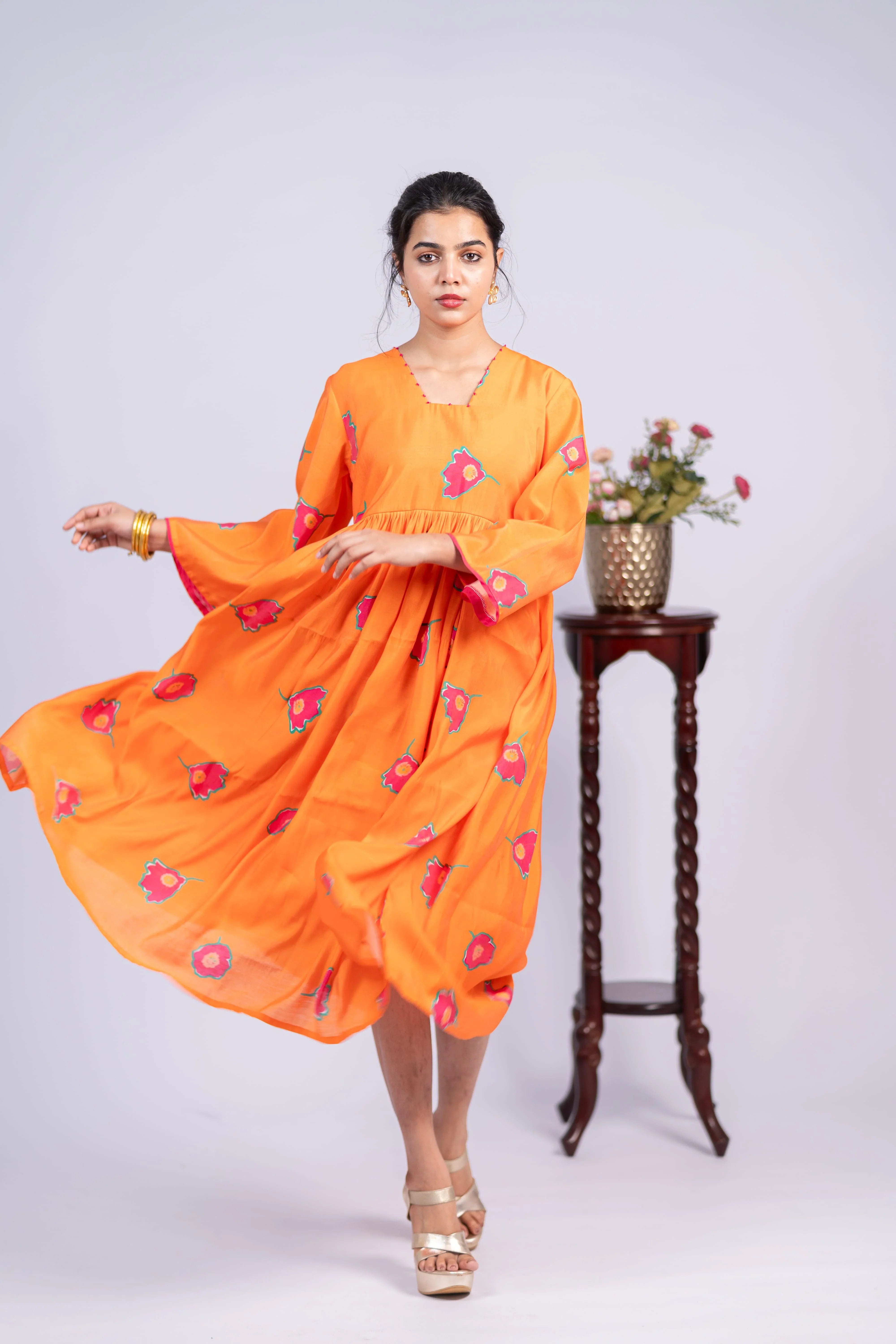 Amber Bloom Chanderi Silk Dress