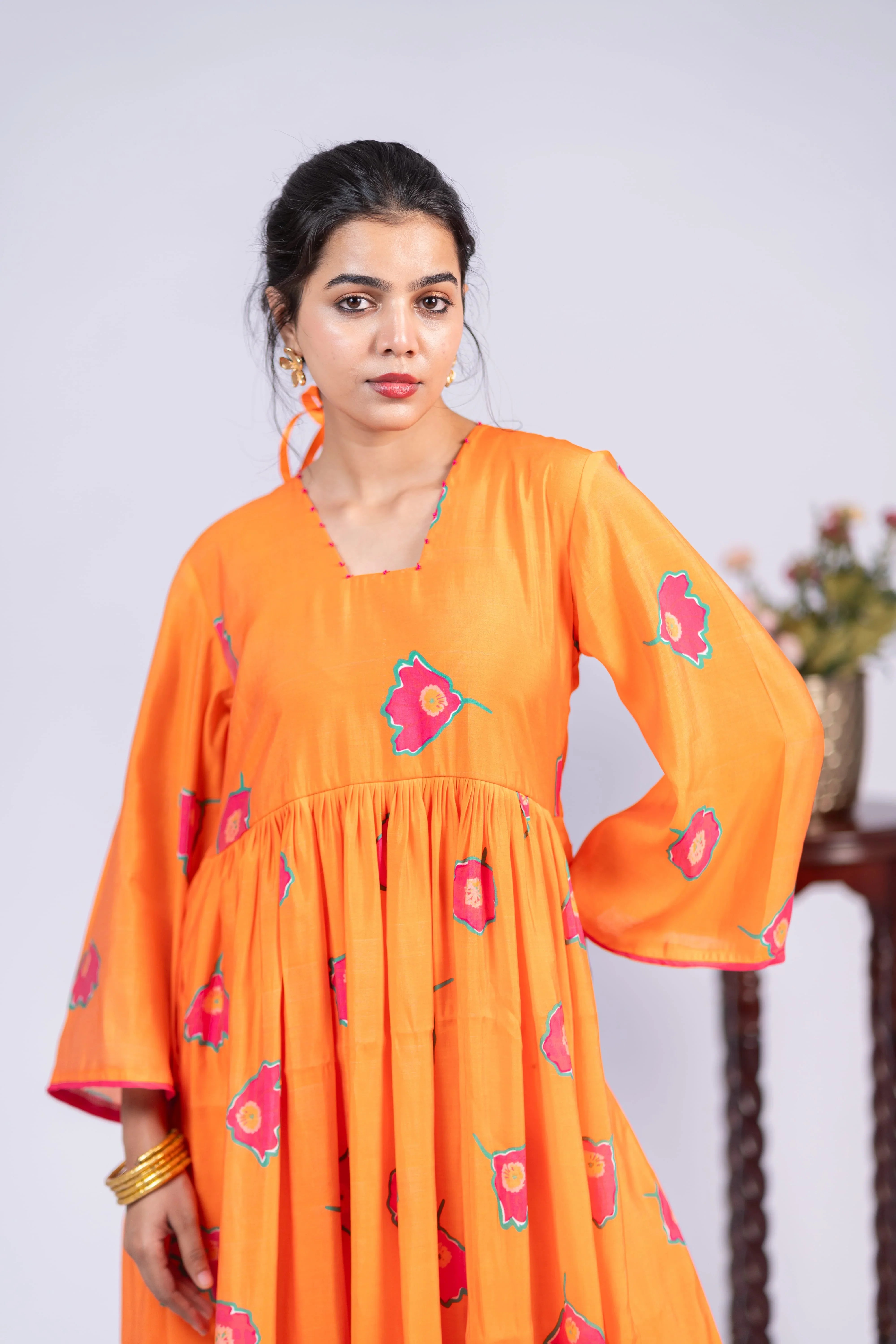 Amber Bloom Chanderi Silk Dress