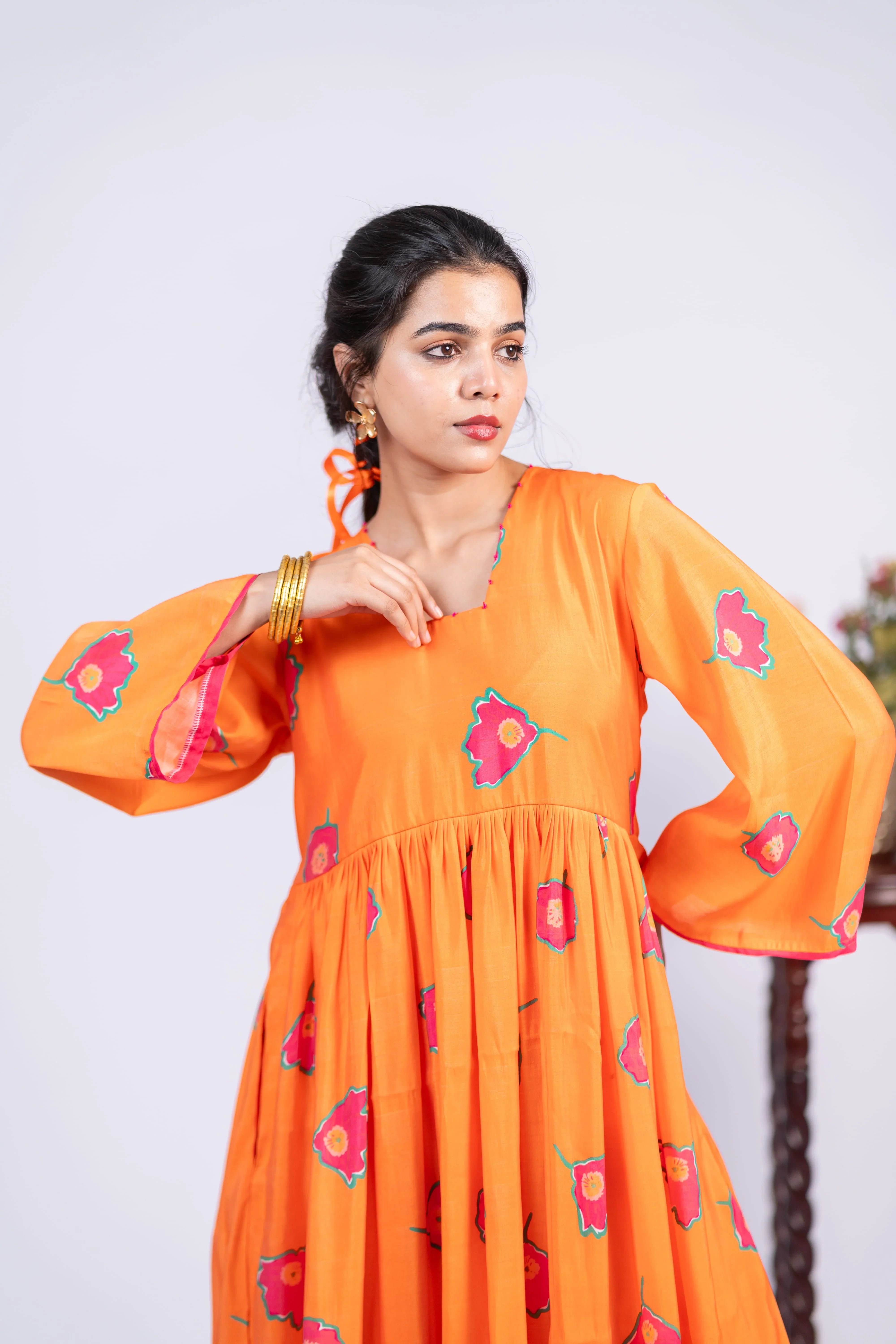 Amber Bloom Chanderi Silk Dress