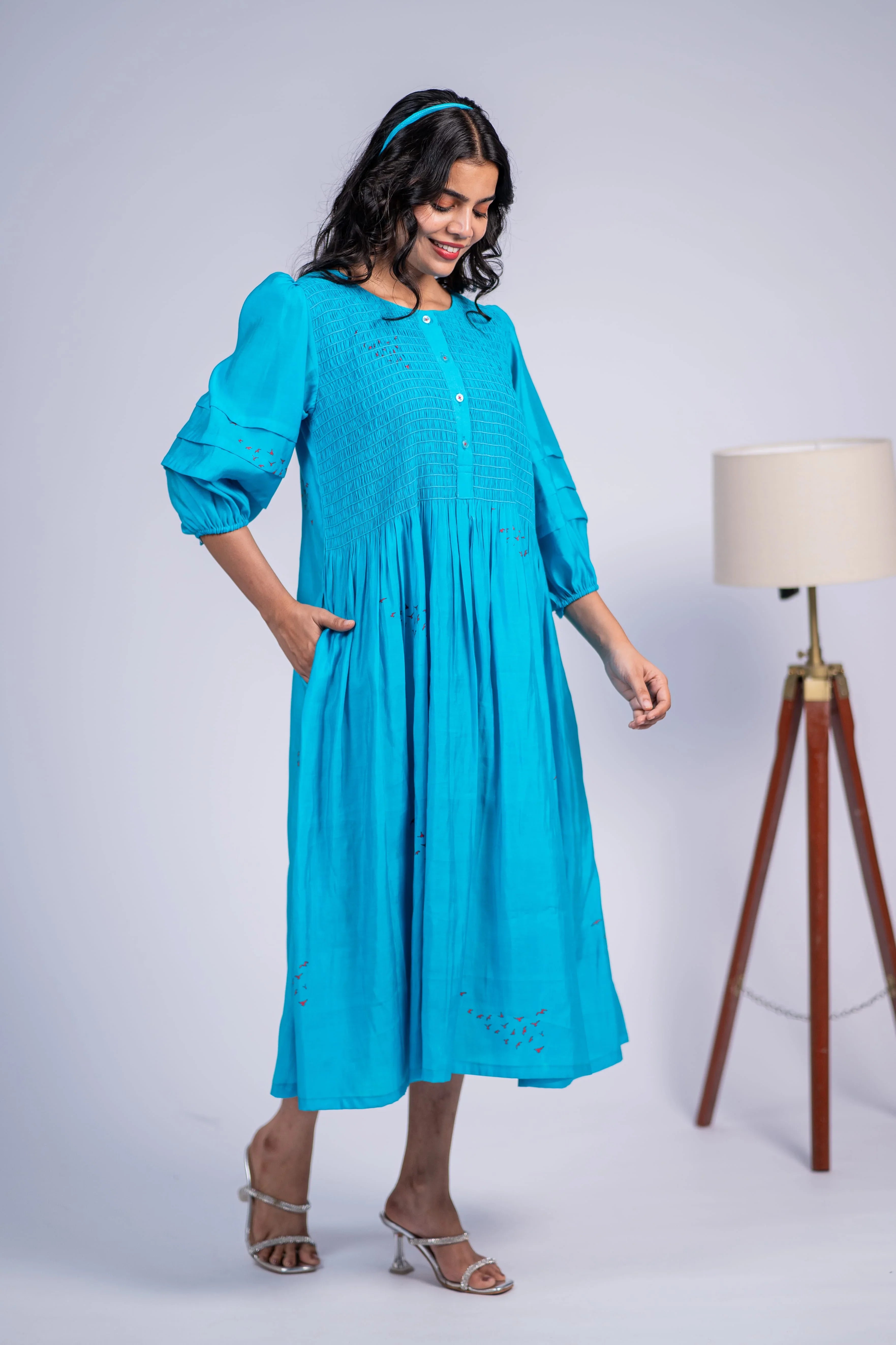 Blue Smocked Bird Print Chanderi Silk Dress