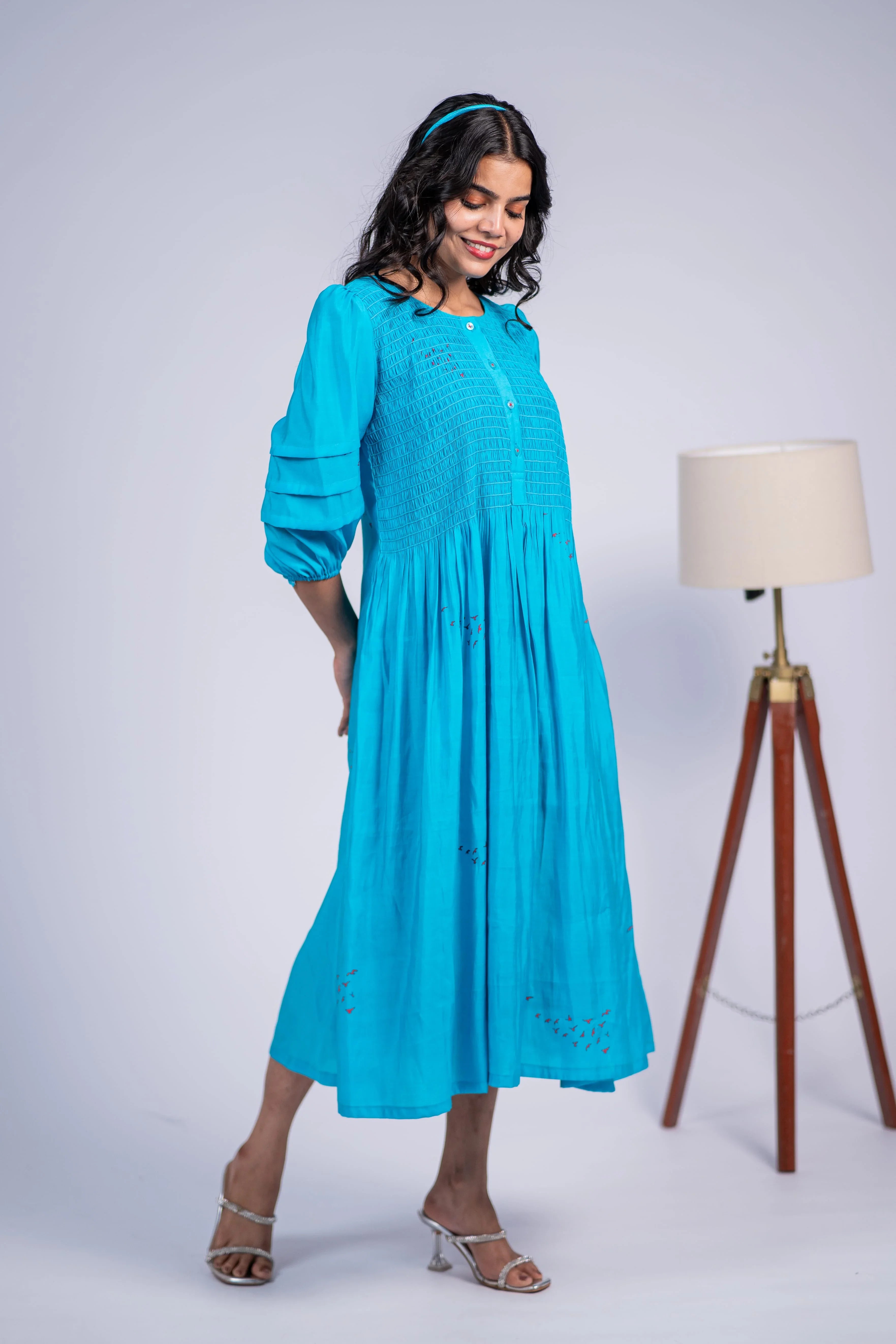 Blue Smocked Bird Print Chanderi Silk Dress