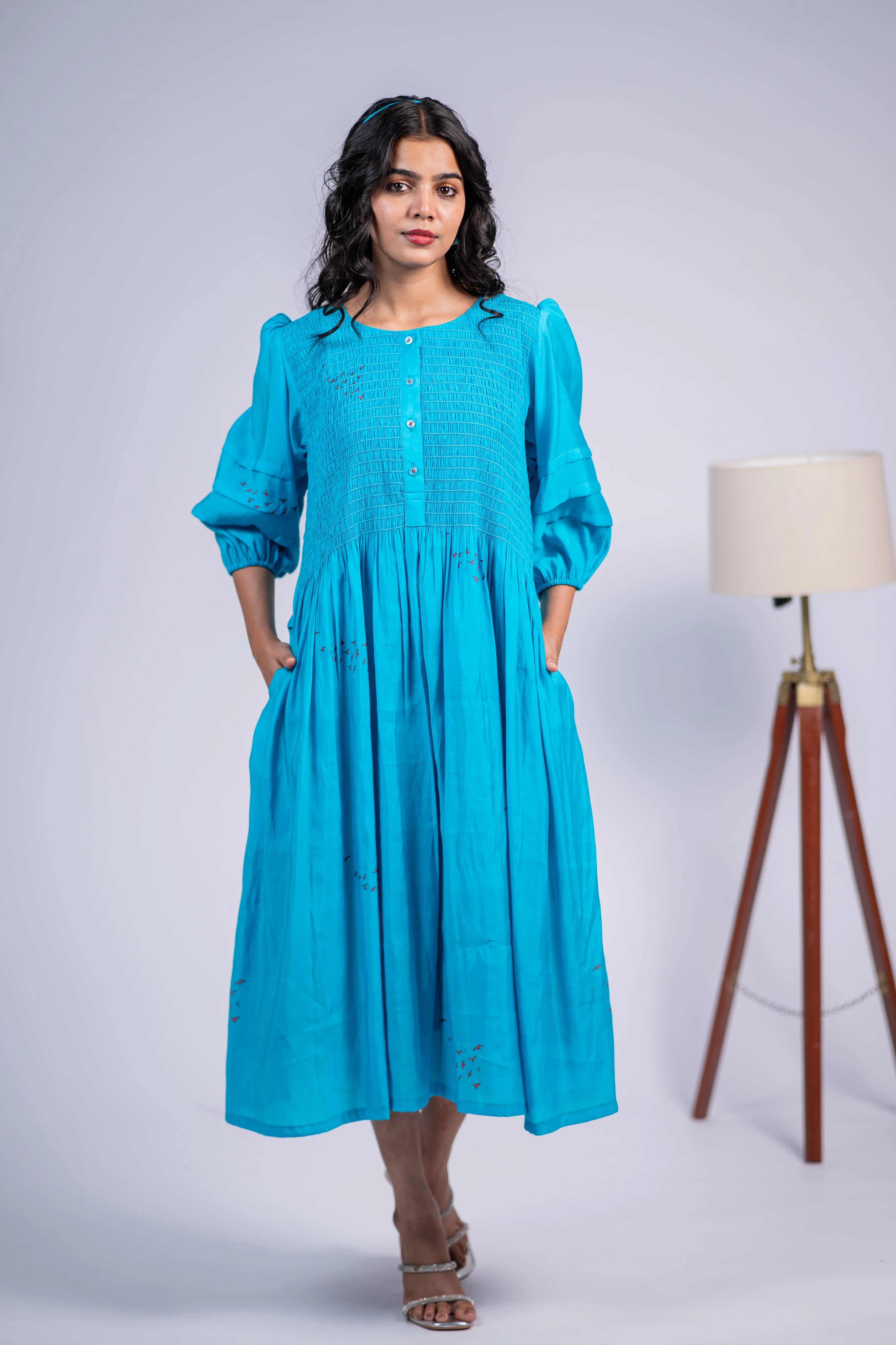 Blue Smocked Bird Print Chanderi Silk Dress