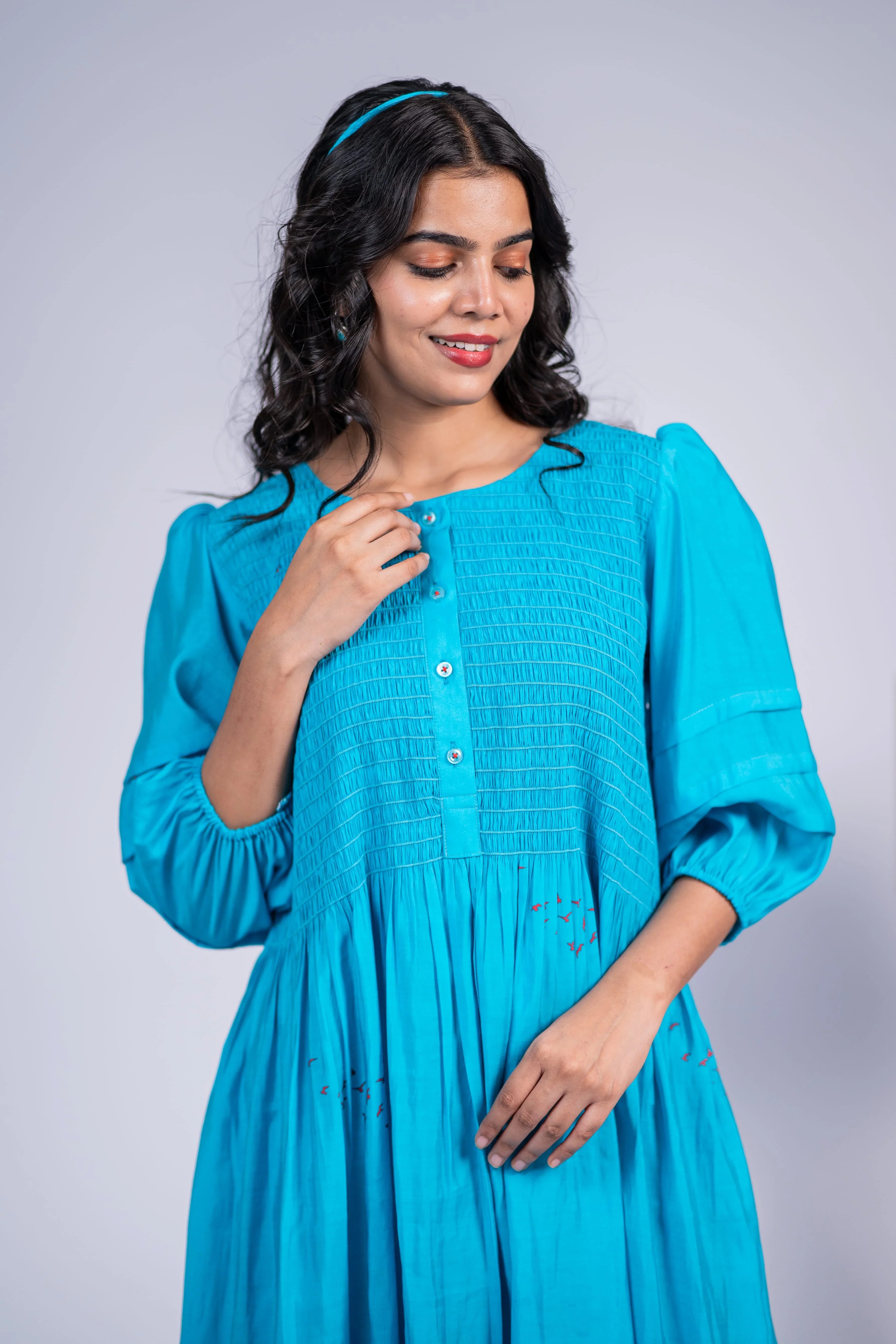 Blue Smocked Bird Print Chanderi Silk Dress