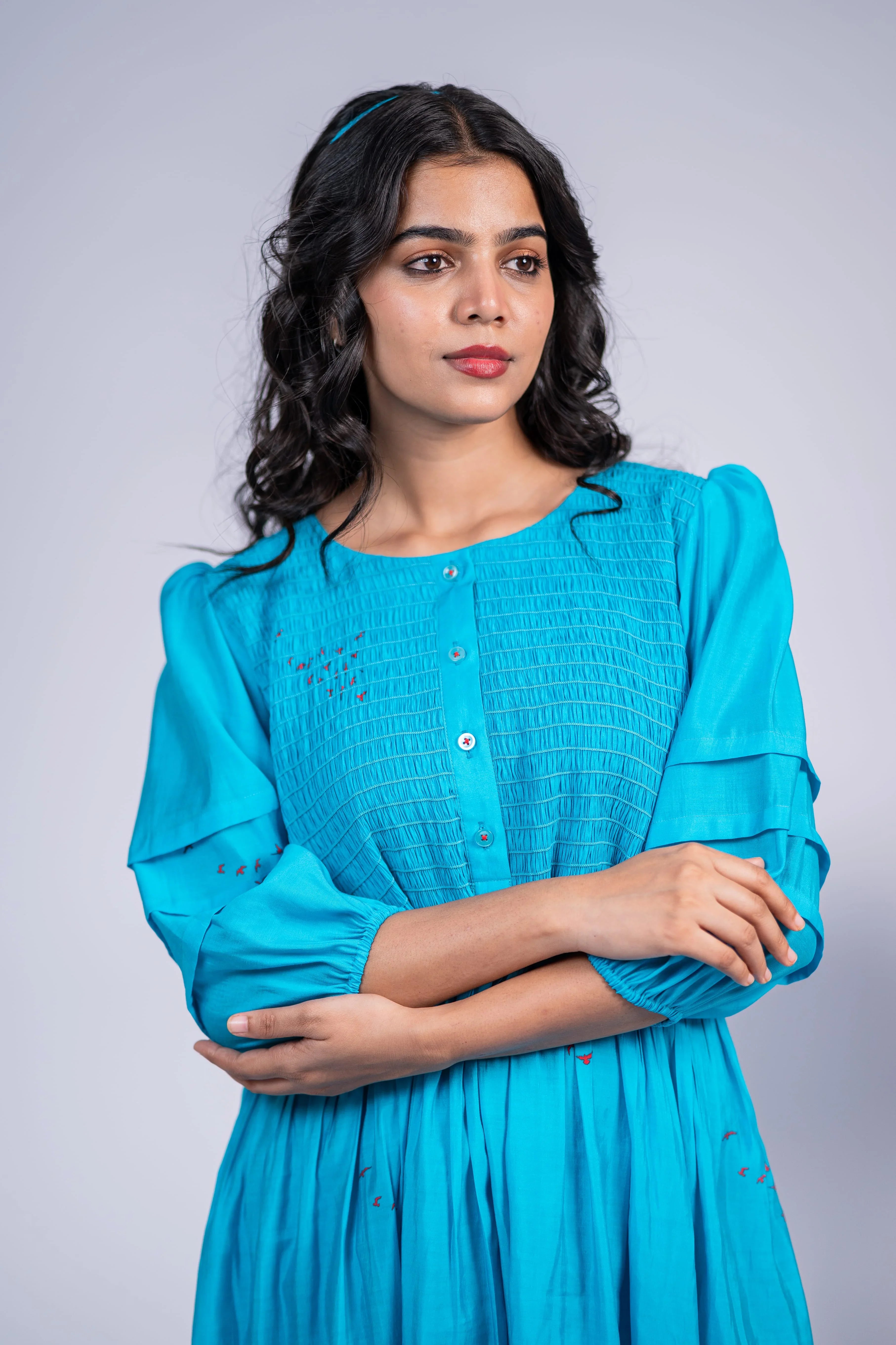 Blue Smocked Bird Print Chanderi Silk Dress