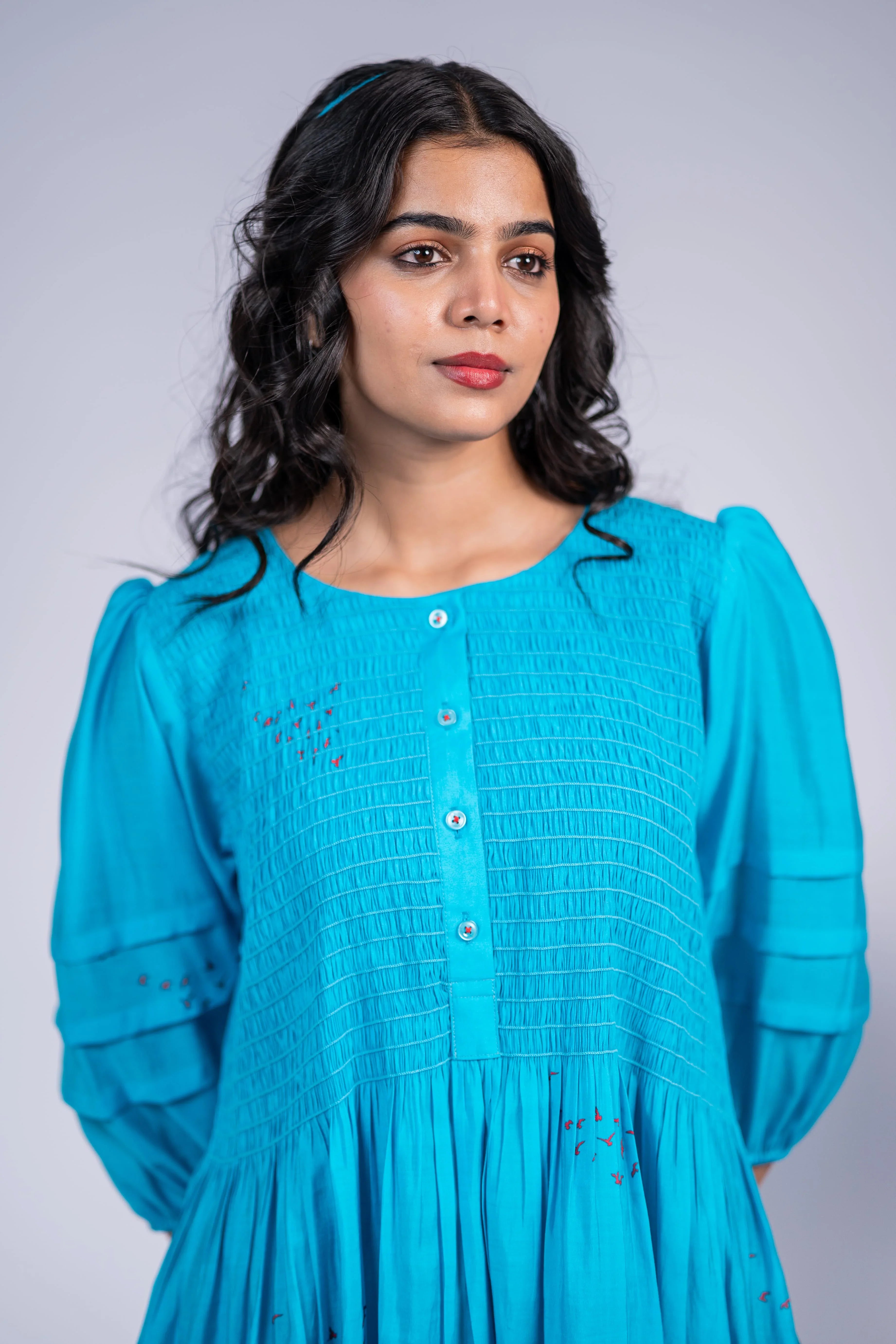 Blue Smocked Bird Print Chanderi Silk Dress