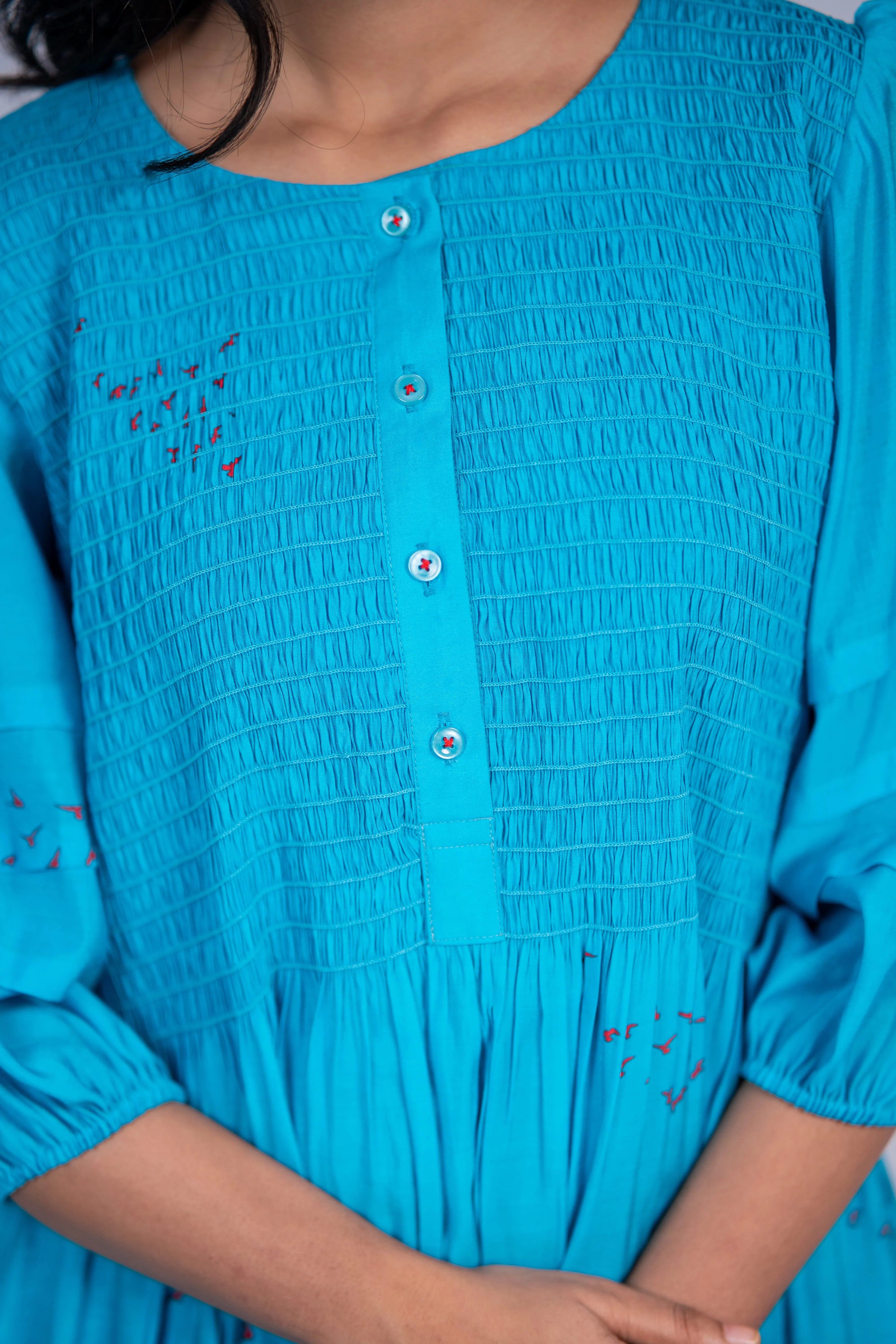 Blue Smocked Bird Print Chanderi Silk Dress