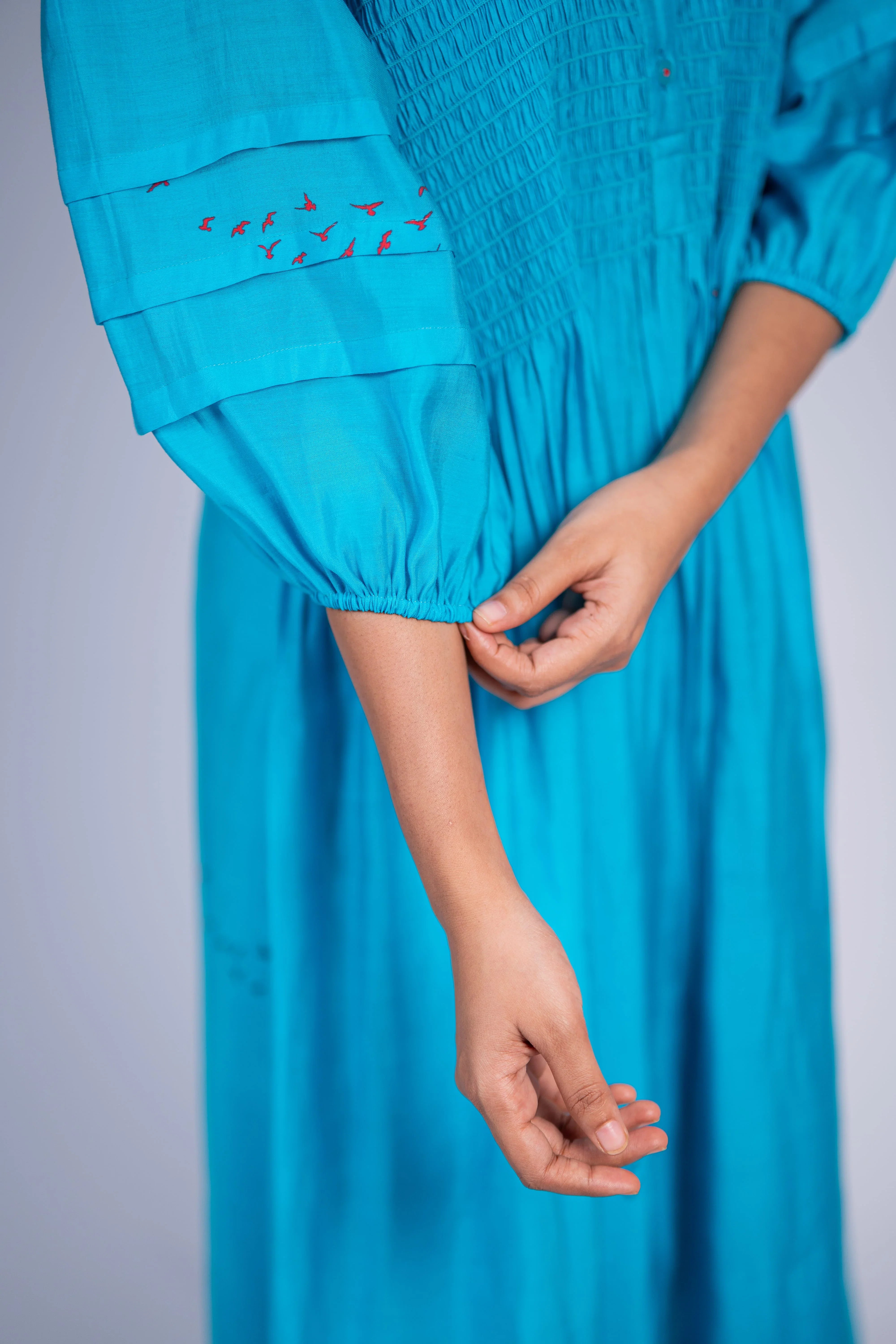 Blue Smocked Bird Print Chanderi Silk Dress