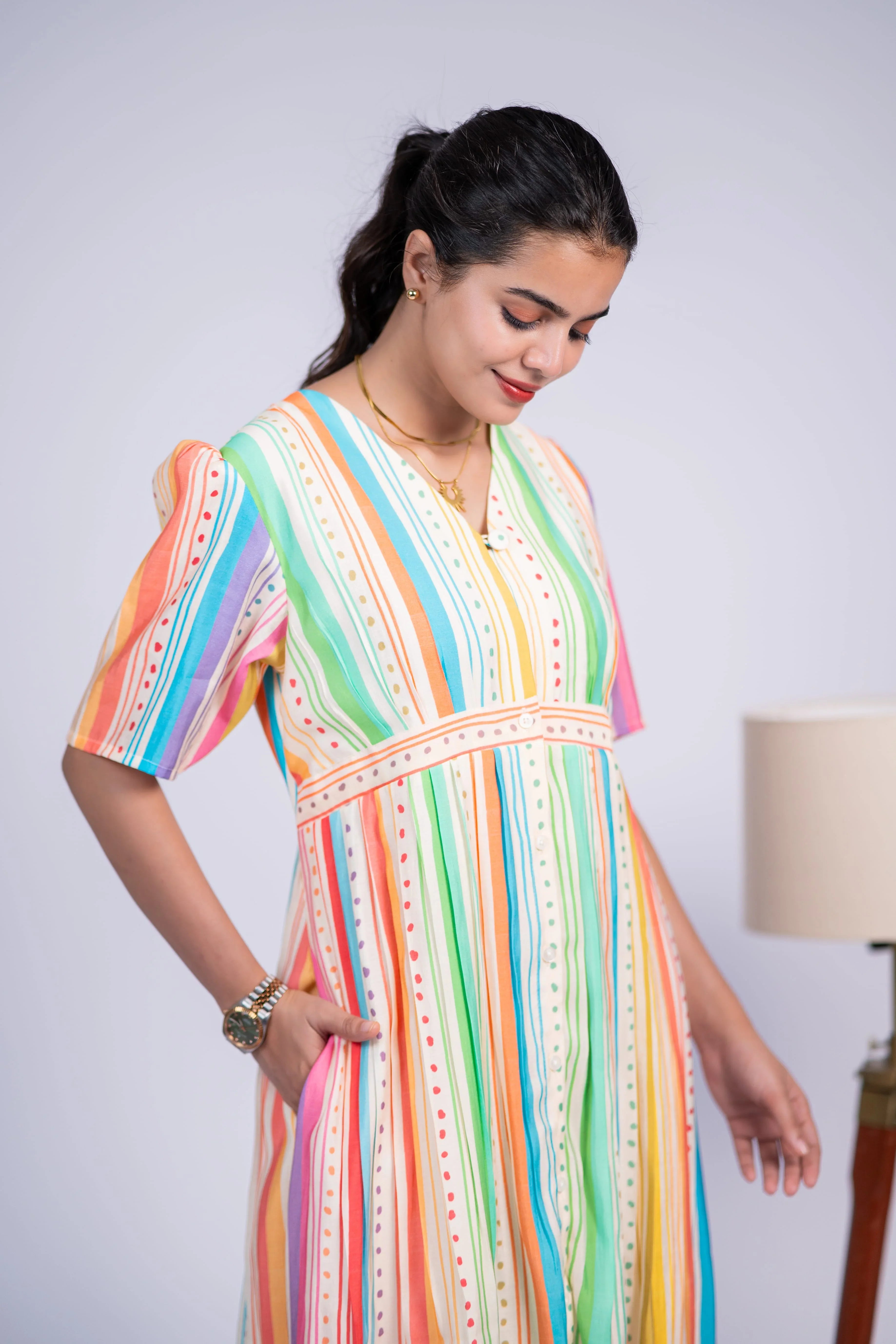 Rainbow Striped Chanderi Silk Dress