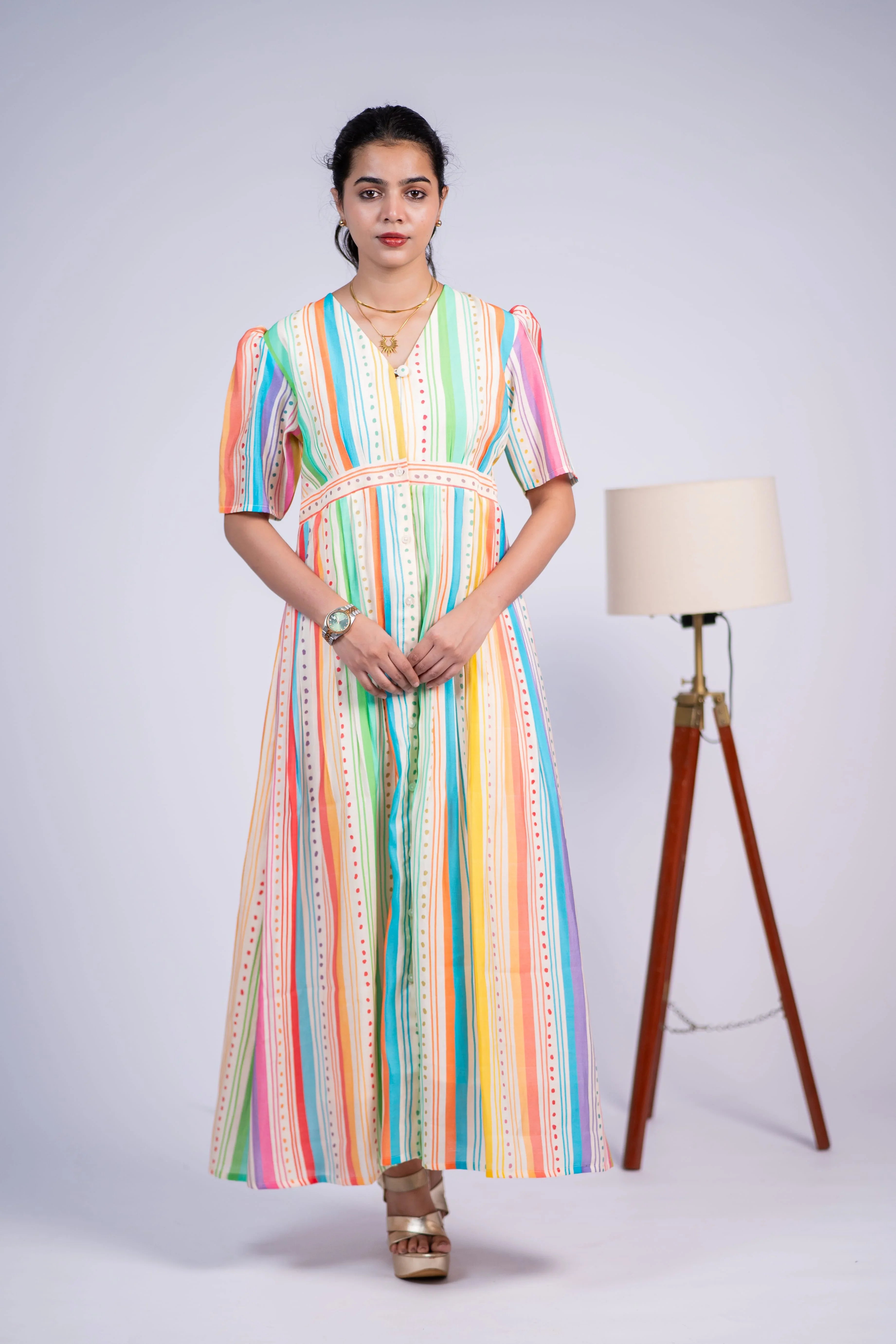 Rainbow Striped Chanderi Silk Dress