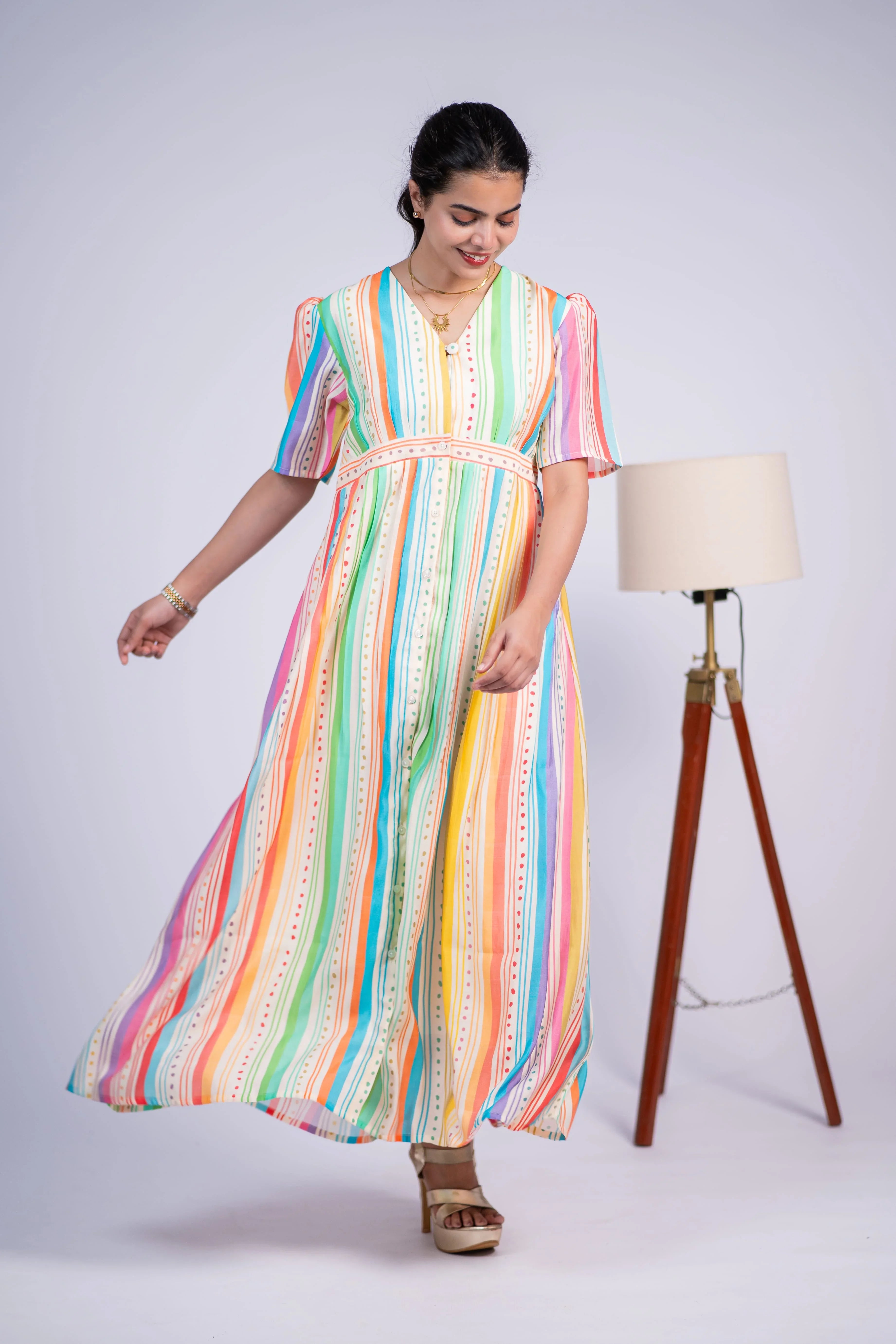 Rainbow Striped Chanderi Silk Dress