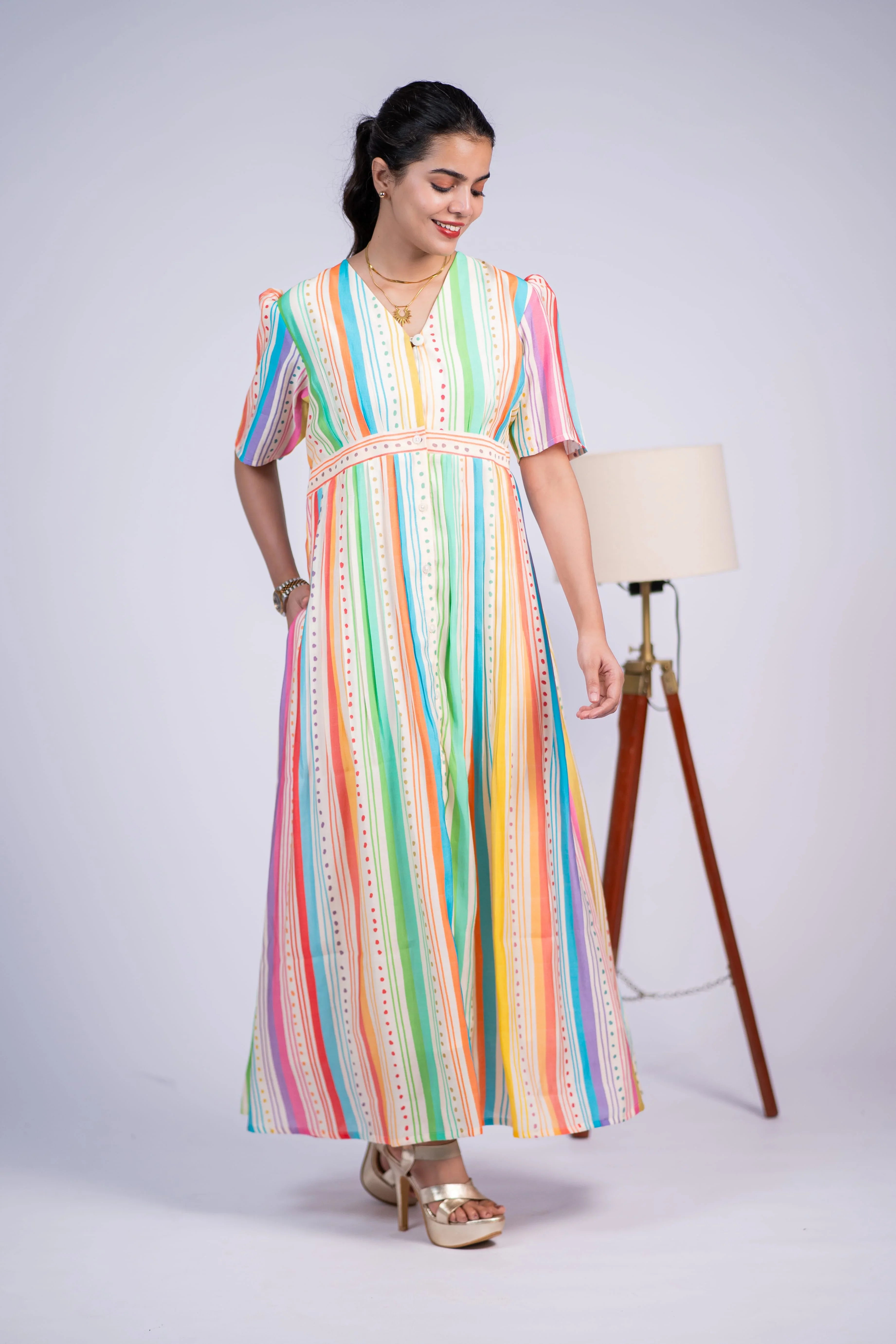 Rainbow Striped Chanderi Silk Dress