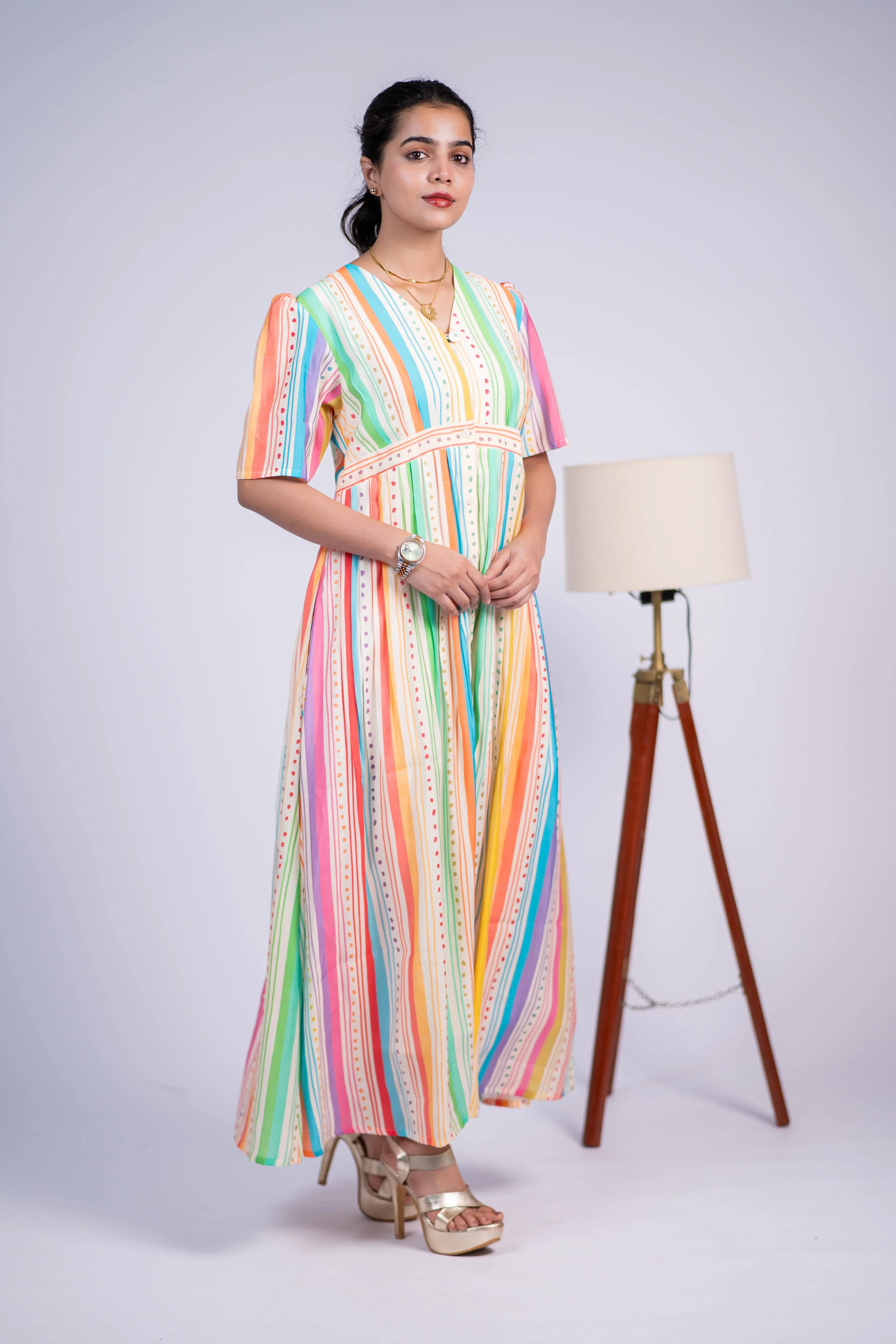 Rainbow Striped Chanderi Silk Dress