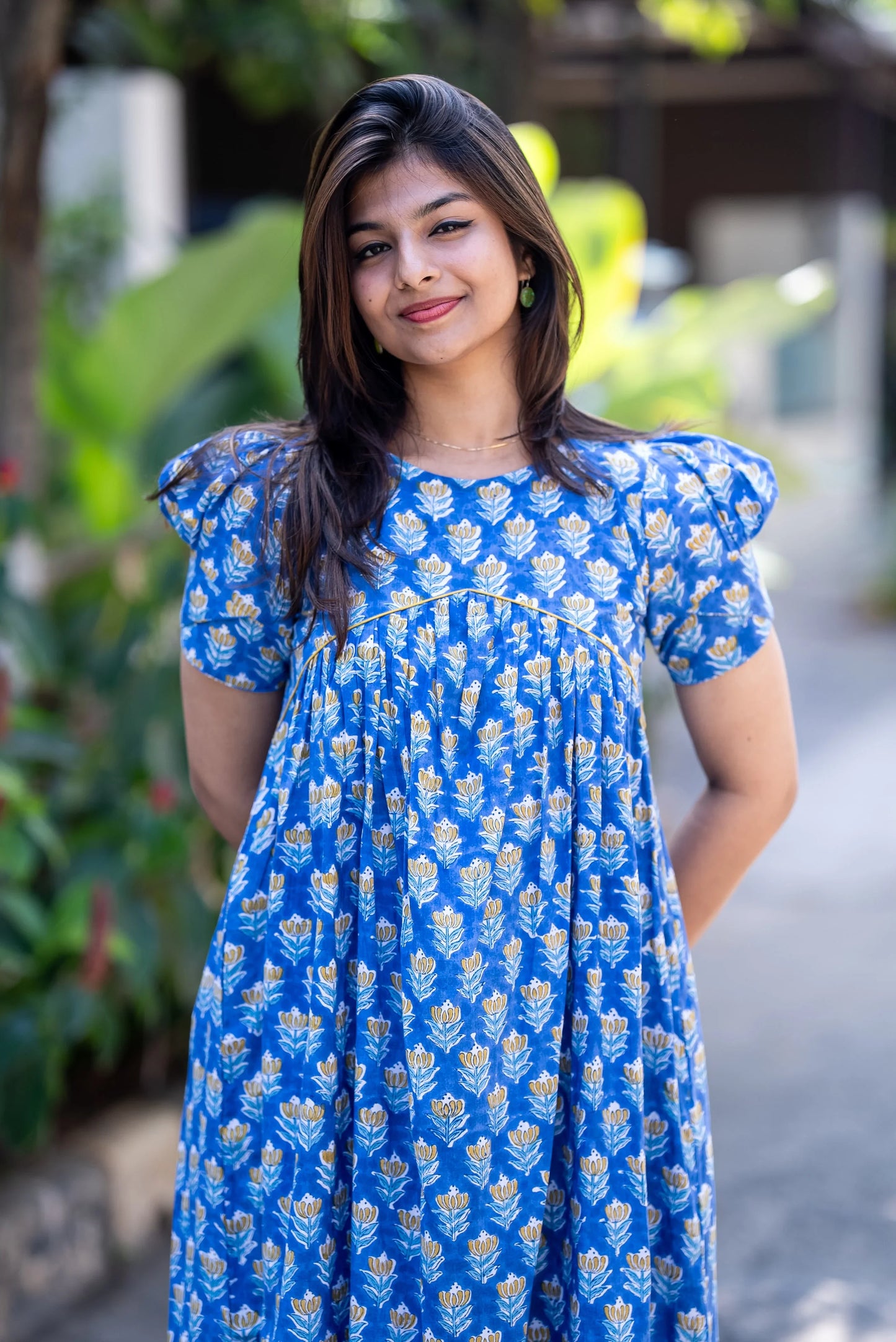 Blue floral print dress with puff sleeves for women, stylish everyday wear