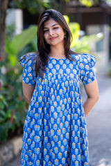 Blue floral print dress with puff sleeves for women, stylish everyday wear