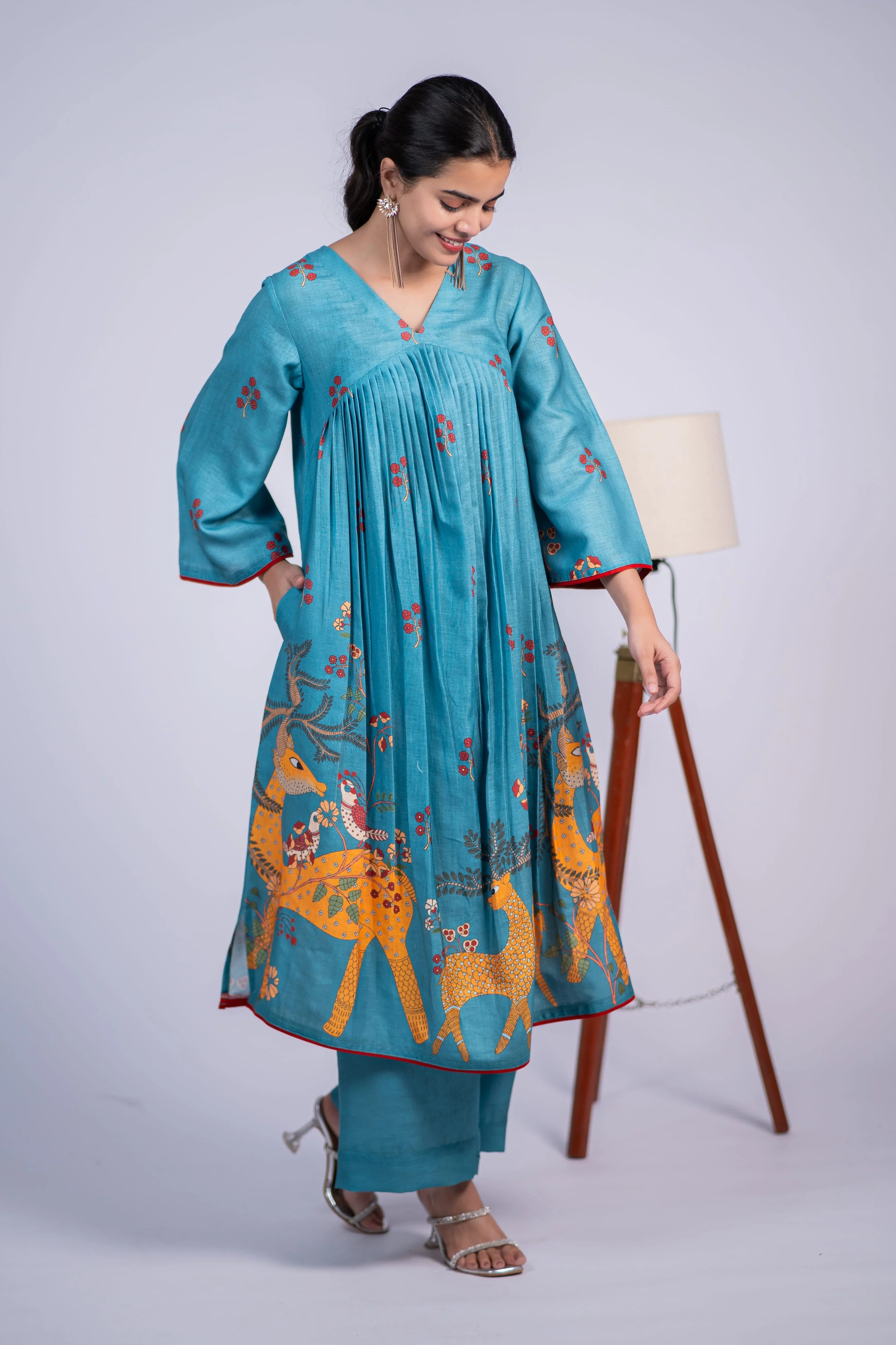 Teal Linen Kurta Set